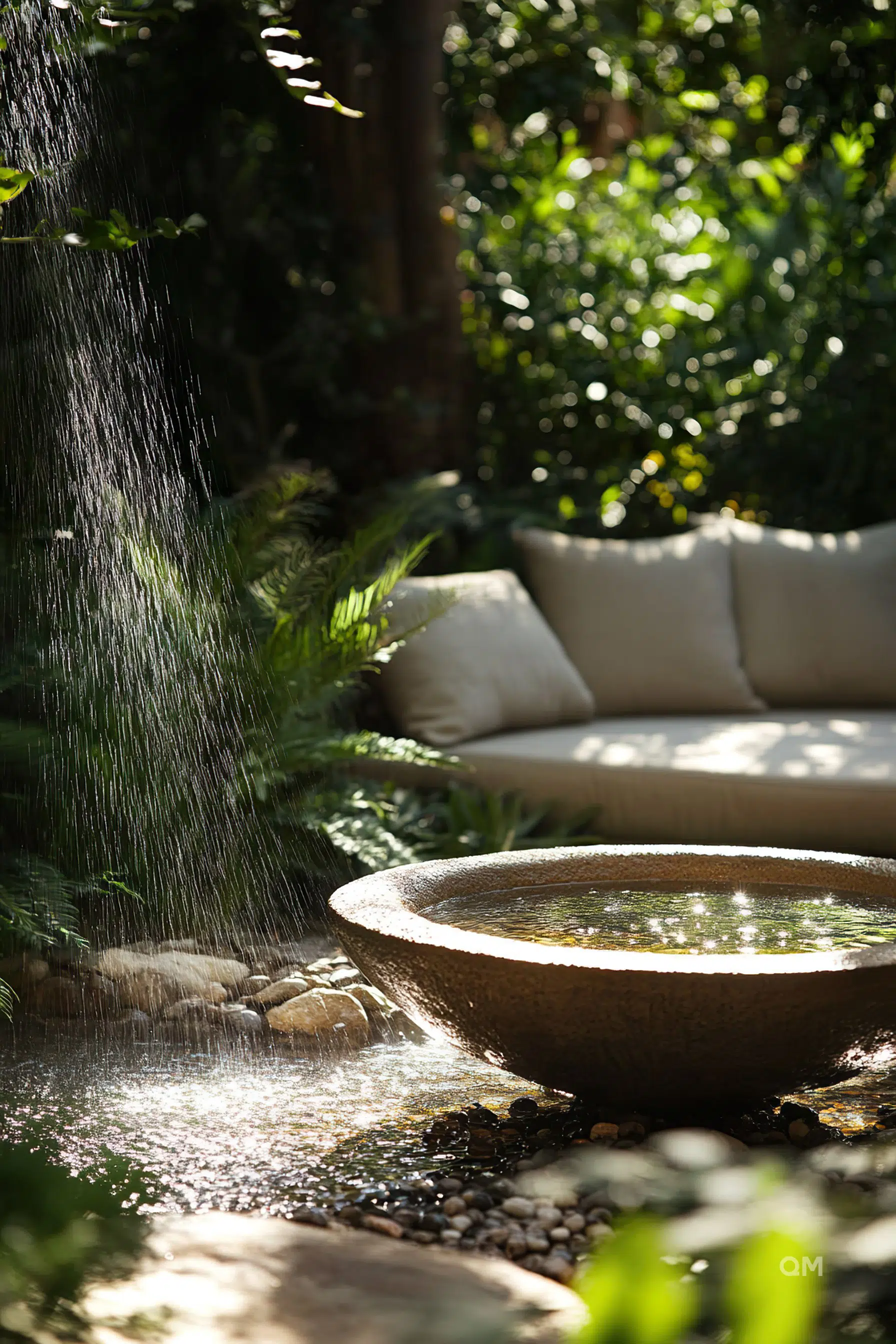 ALT: A tranquil garden scene with a water feature, sunlight filtering through foliage, and a comfortable bench with cushions in the background.