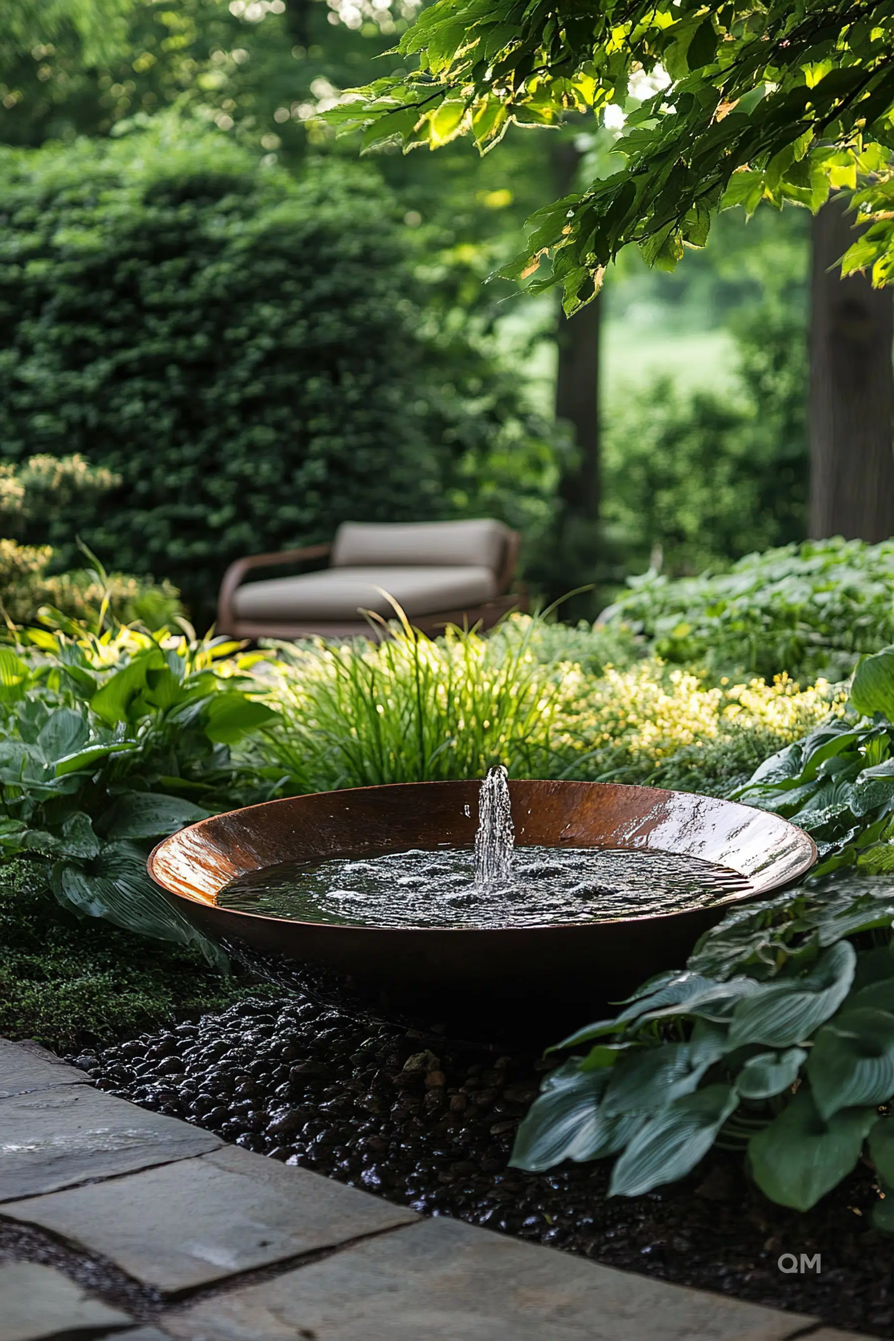 A serene garden with a round, copper water fountain surrounded by lush greenery, with a bench partially visible in the background.