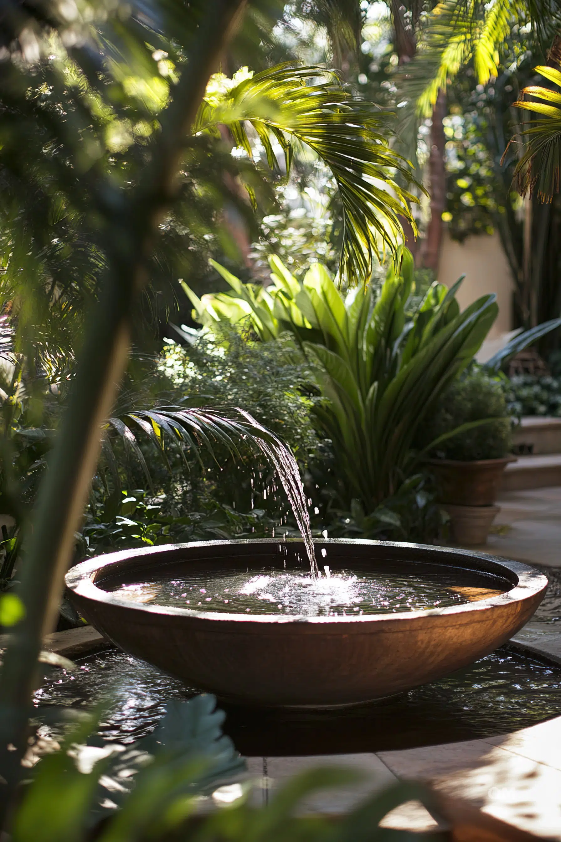ALT: Sunlight filters through lush greenery onto a tranquil water feature with a gently cascading fountain in a serene garden setting.