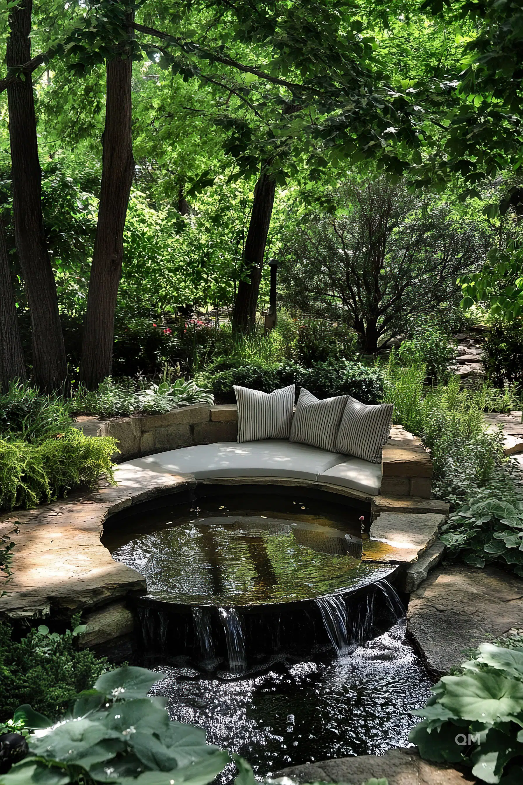 A serene garden scene with a built-in curved bench overlooking a small waterfall flowing into a pond surrounded by lush greenery.