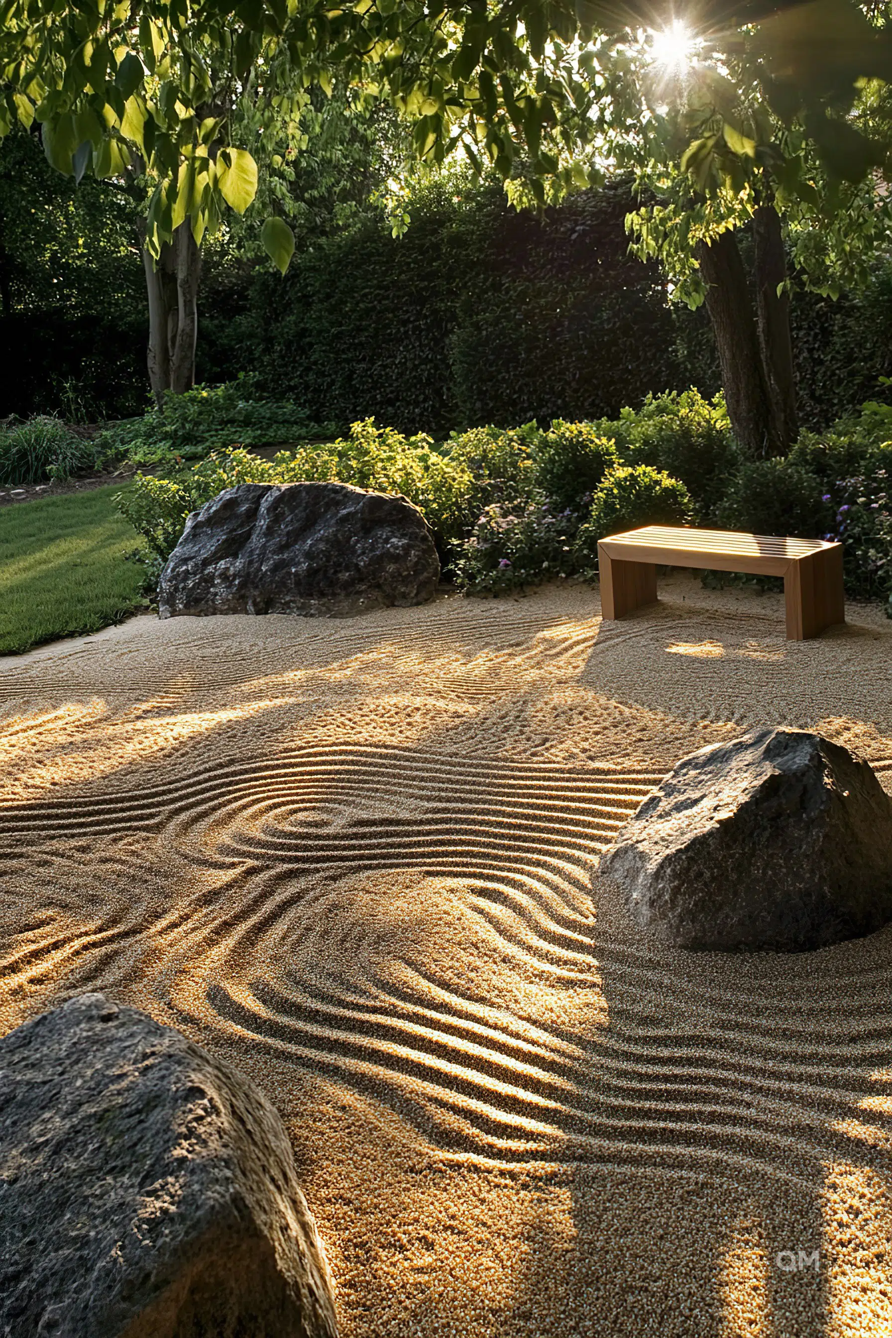 Zen garden with raked sand patterns, rocks, wooden bench, surrounded by trees and shrubs, lit by dappled sunlight.