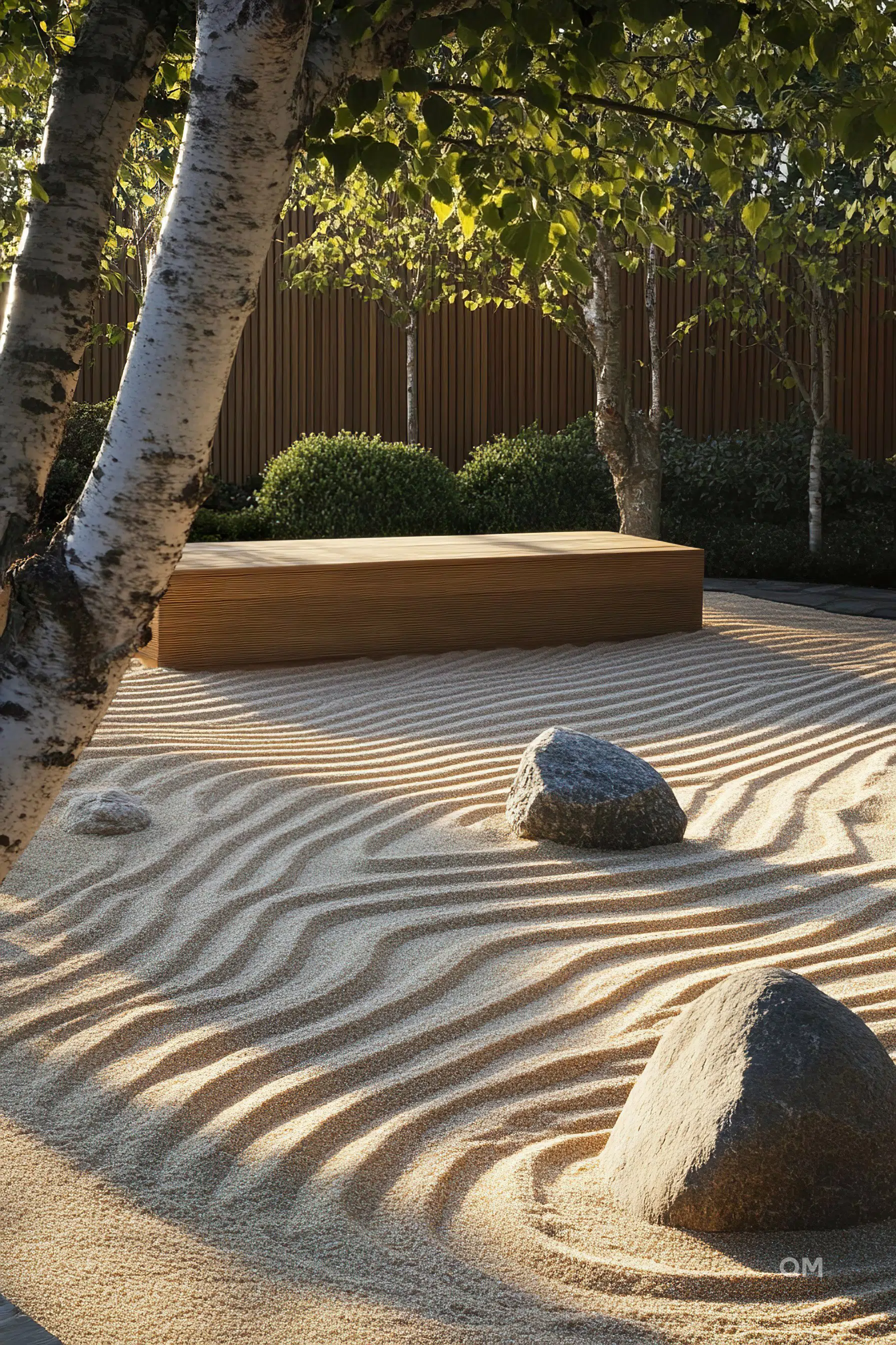 Zen garden with raked sand patterns, rocks, and trees against a wooden wall, reflecting a tranquil, meditative ambiance.