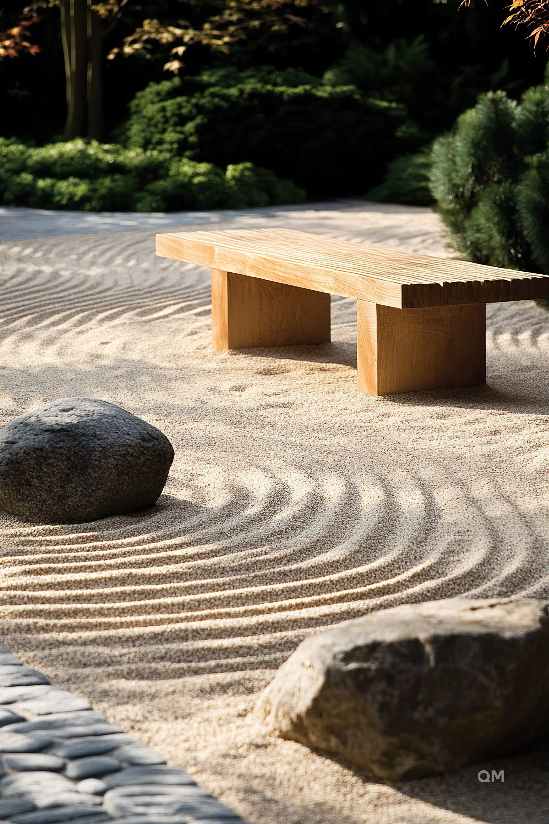 Wooden bench in a Zen garden with raked sand and stones, creating a tranquil and contemplative atmosphere.