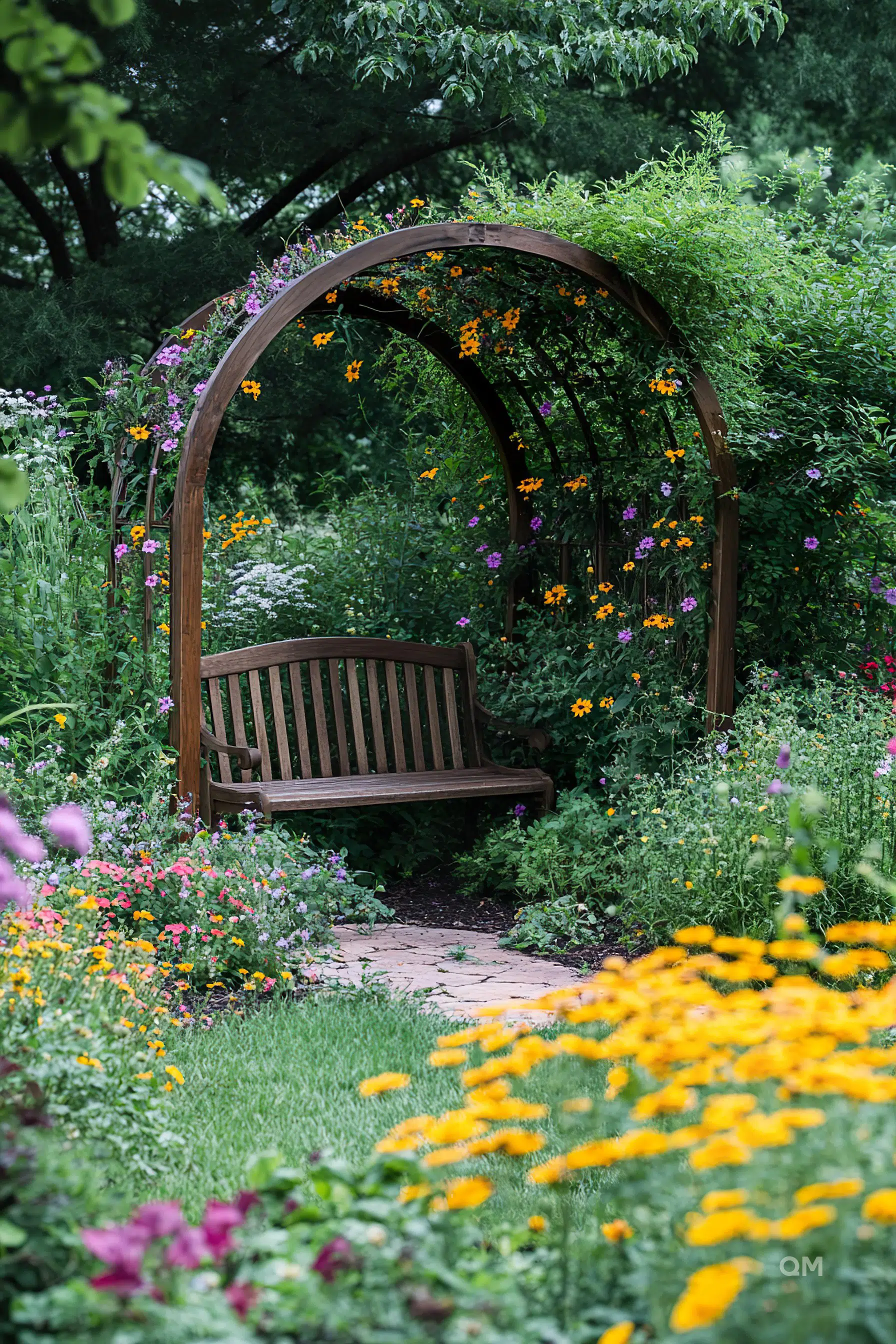 Wooden bench under an arch covered with flowers in a lush garden with a brick pathway.
