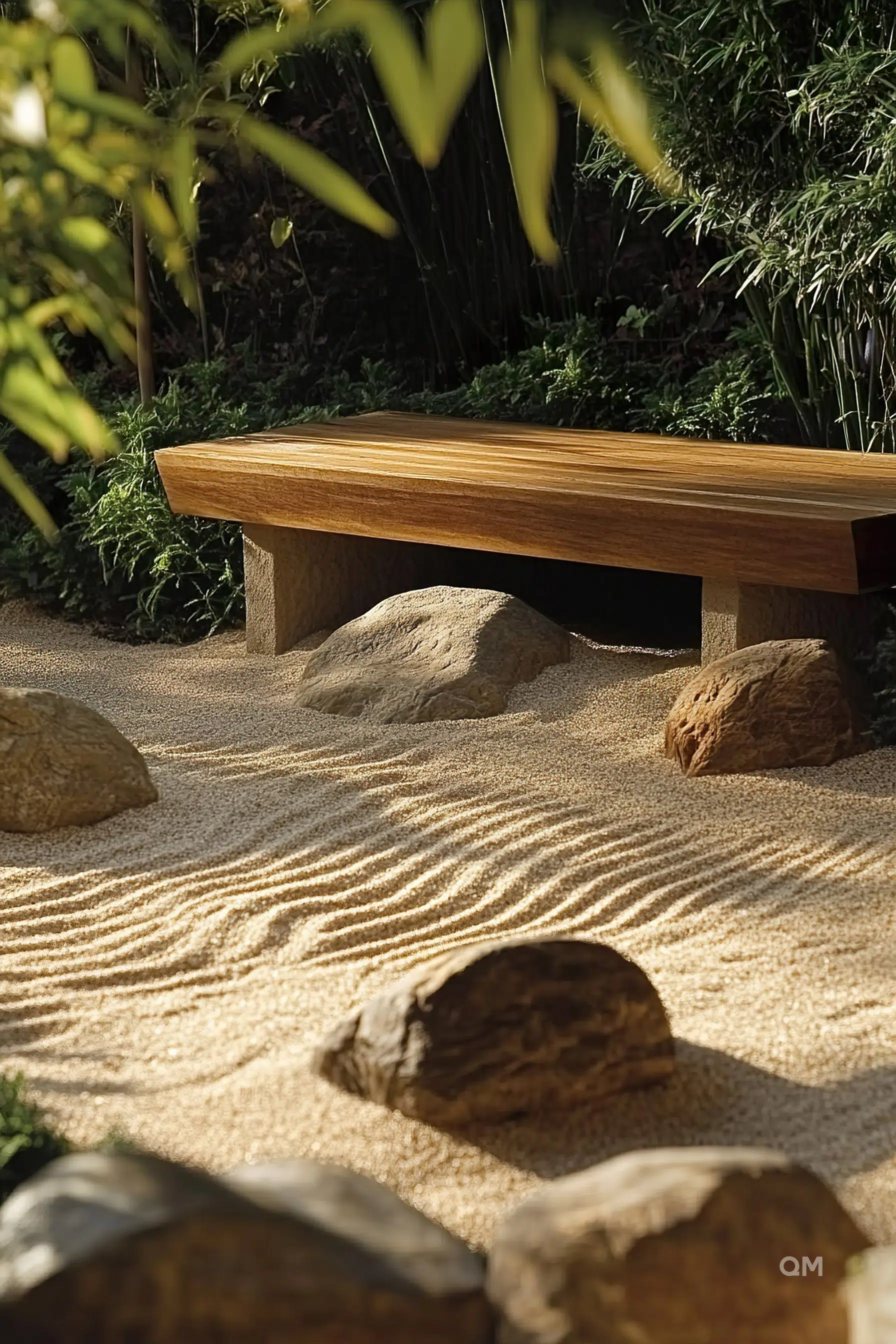 A wooden bench sits amidst a tranquil Zen garden with raked sand and scattered stones, shaded by bamboo foliage.