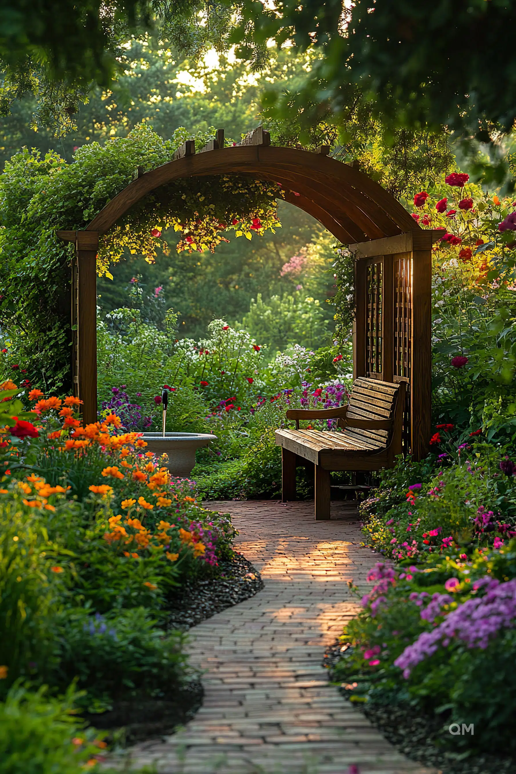 A serene garden path with colorful flowers and a wooden archway, leading to a bench bathed in warm sunlight.