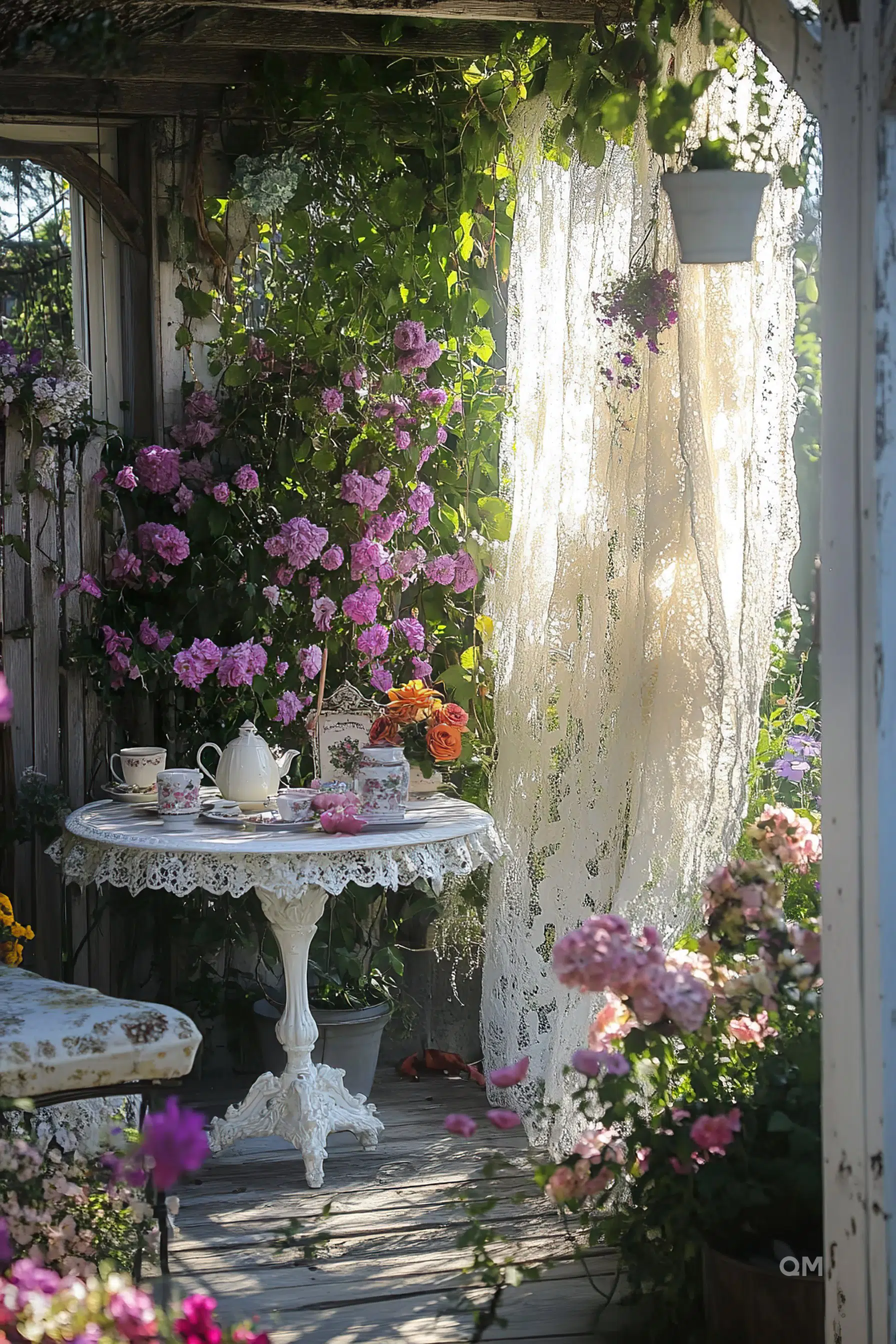 An idyllic garden scene with sunlight filtering through lace curtains, a table set with tea, surrounded by lush pink roses and greenery.