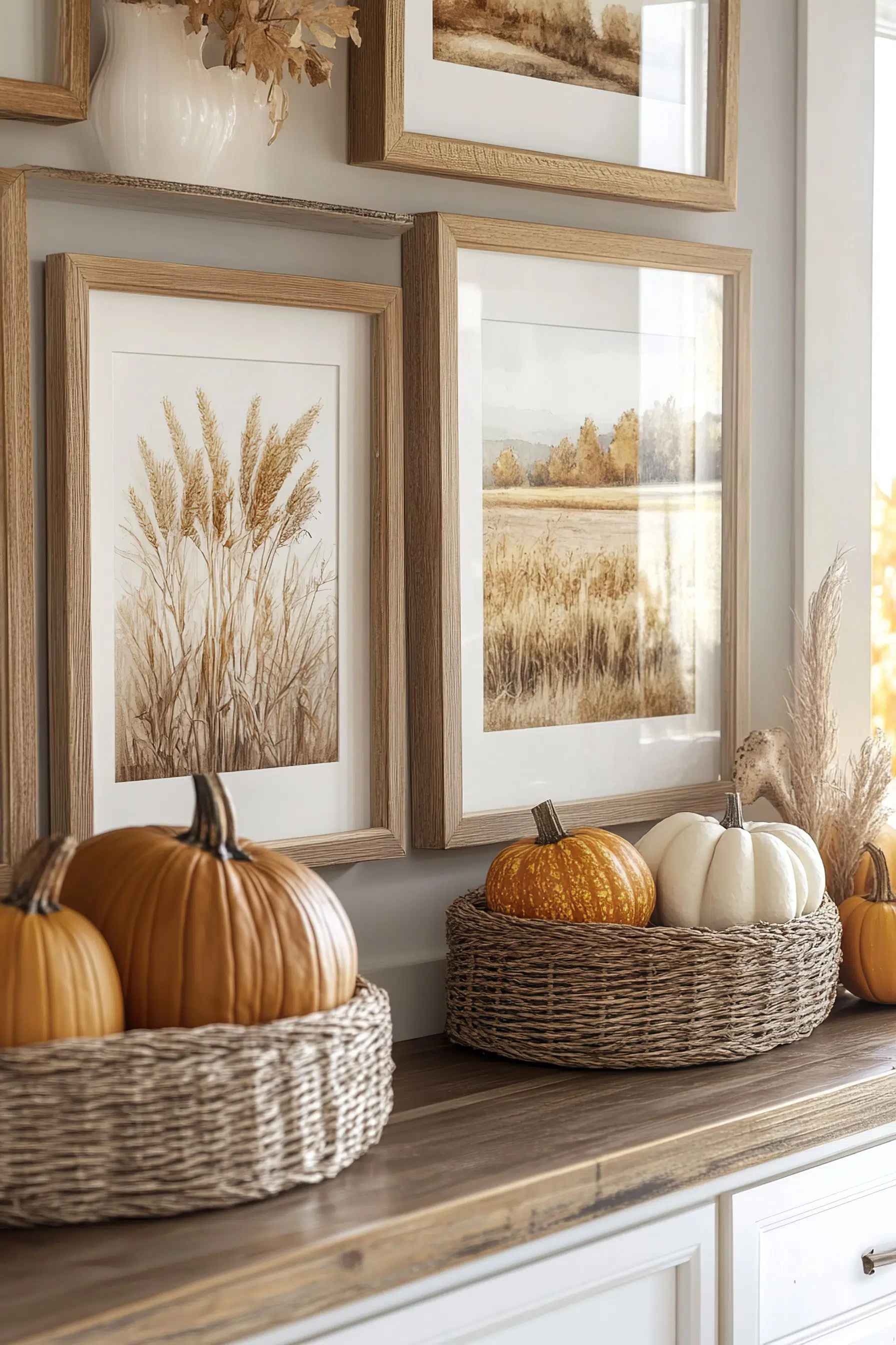 Rustic autumn decor with pumpkins in wicker baskets and framed artwork of wheat and landscapes on a wooden cabinet.