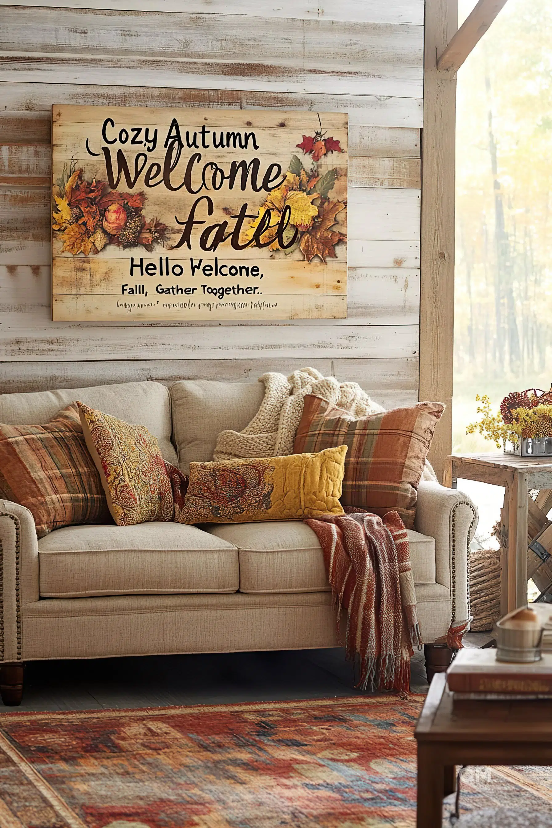 Cozy living room with a sofa adorned with autumn-themed pillows, a "Welcome Fall" sign on the wall, and a forest view outside.