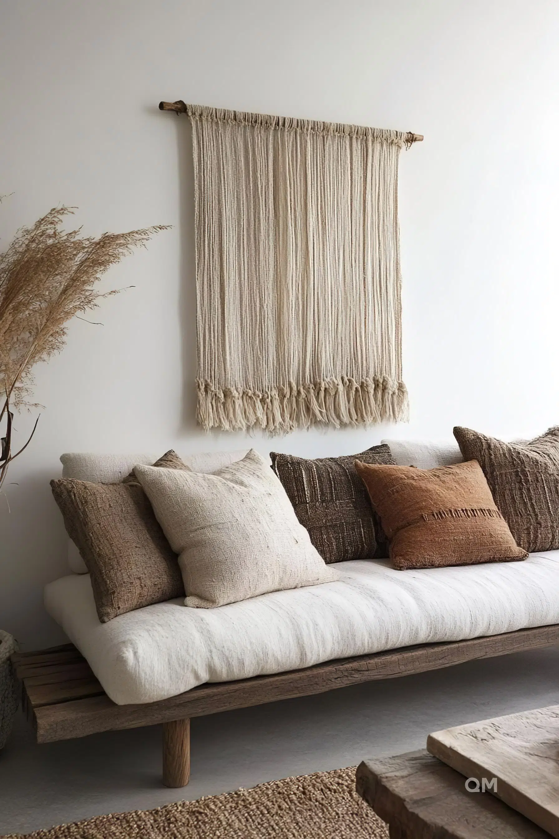 A cozy corner with a minimalist sofa adorned with earth-toned cushions, and a macrame wall hanging above it.
