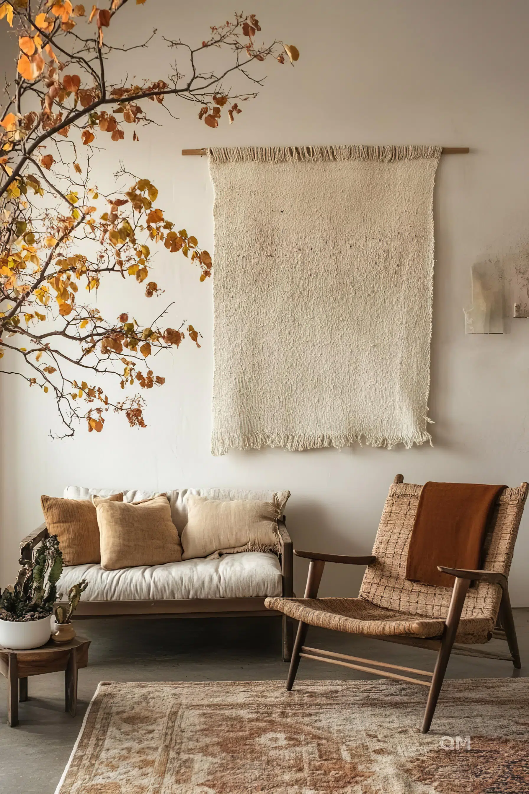 Cozy living room corner with a textured wall hanging, sofa with pillows, a woven chair with a throw, autumn branches, and a patterned rug.