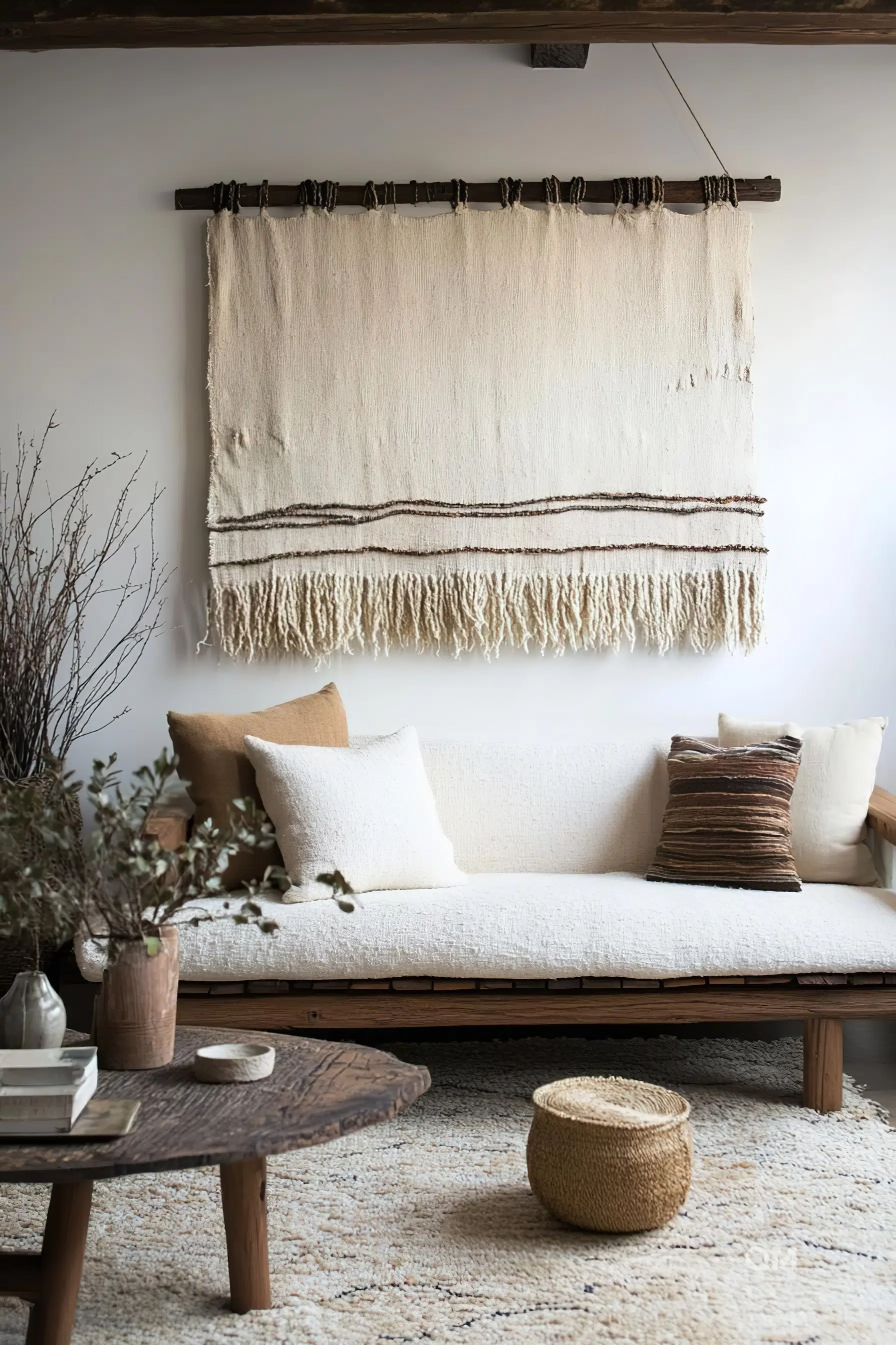 A cozy living room corner with a textured wall hanging, cushioned bench sofa, rustic wood coffee table, and decorative plants.