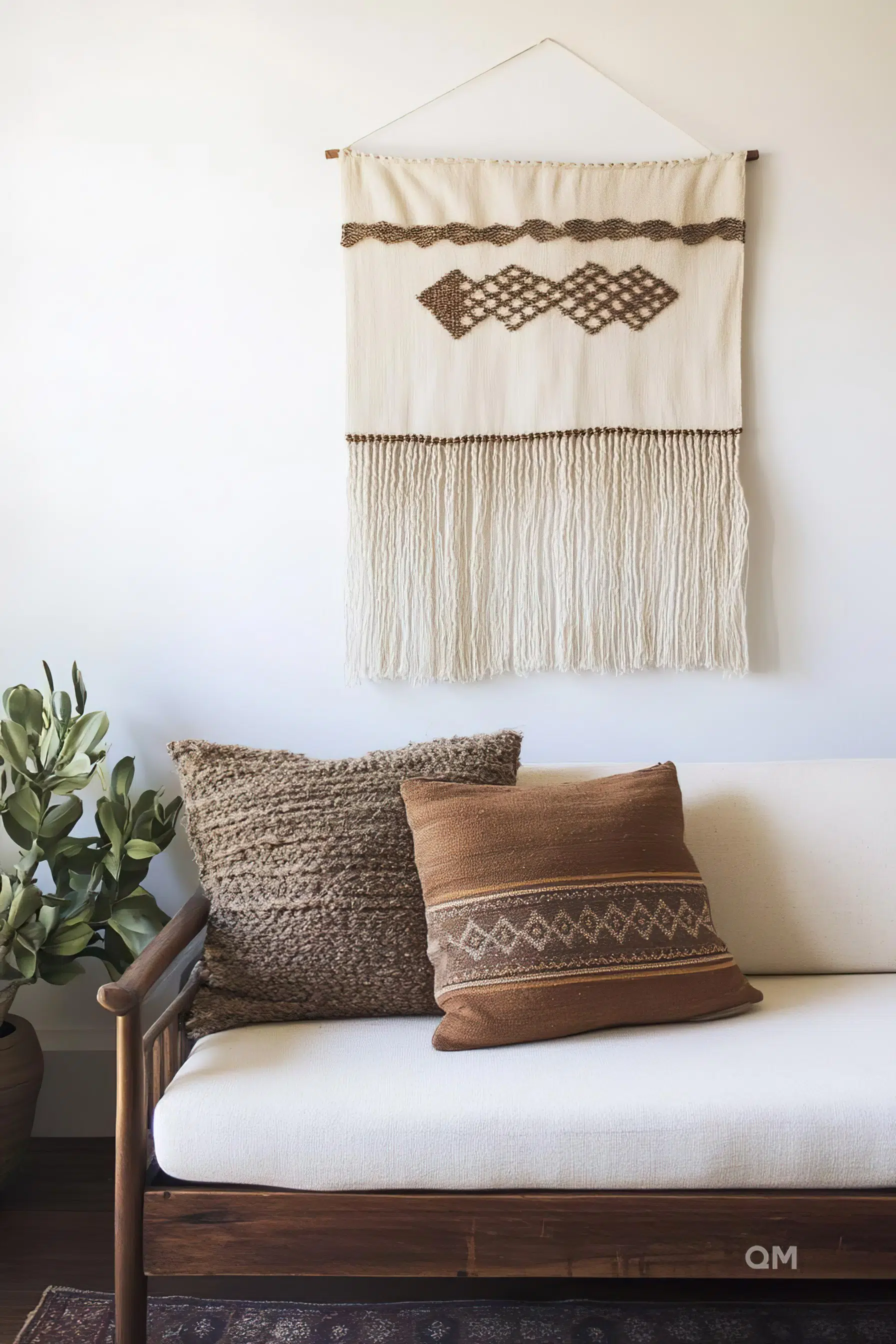 Cozy living room corner with a modern couch decorated with textured pillows, a macrame wall hanging above, and a potted plant.