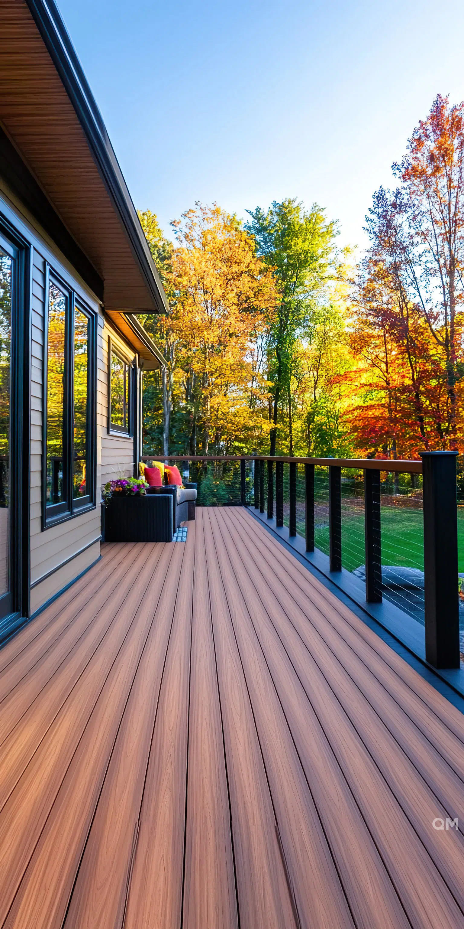 Wooden deck of a house with outdoor furniture overlooking trees with autumn foliage under a clear blue sky.