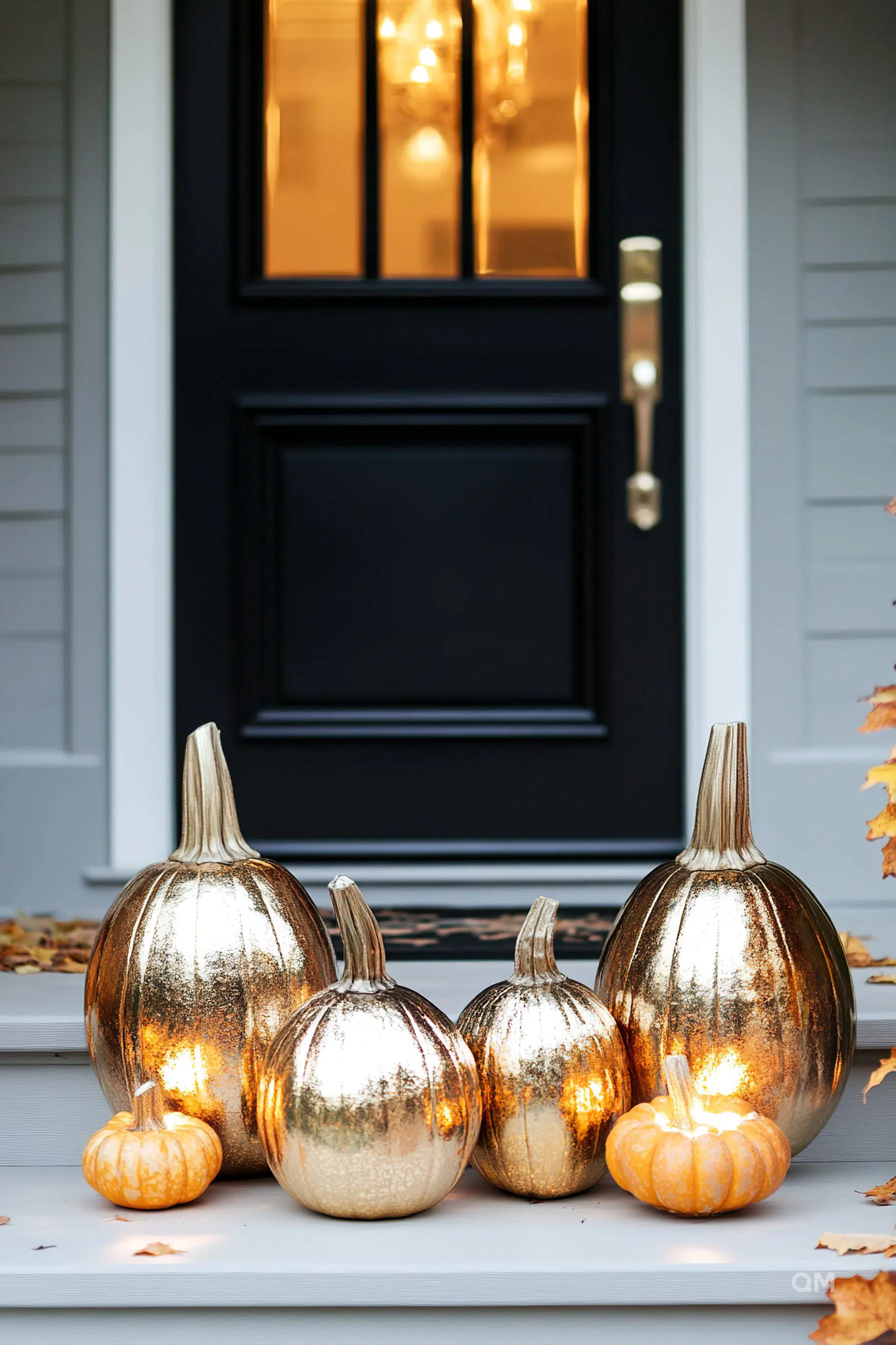 Shiny metallic pumpkins arranged on a doorstep, with warm lights glowing from a house entrance in the background.