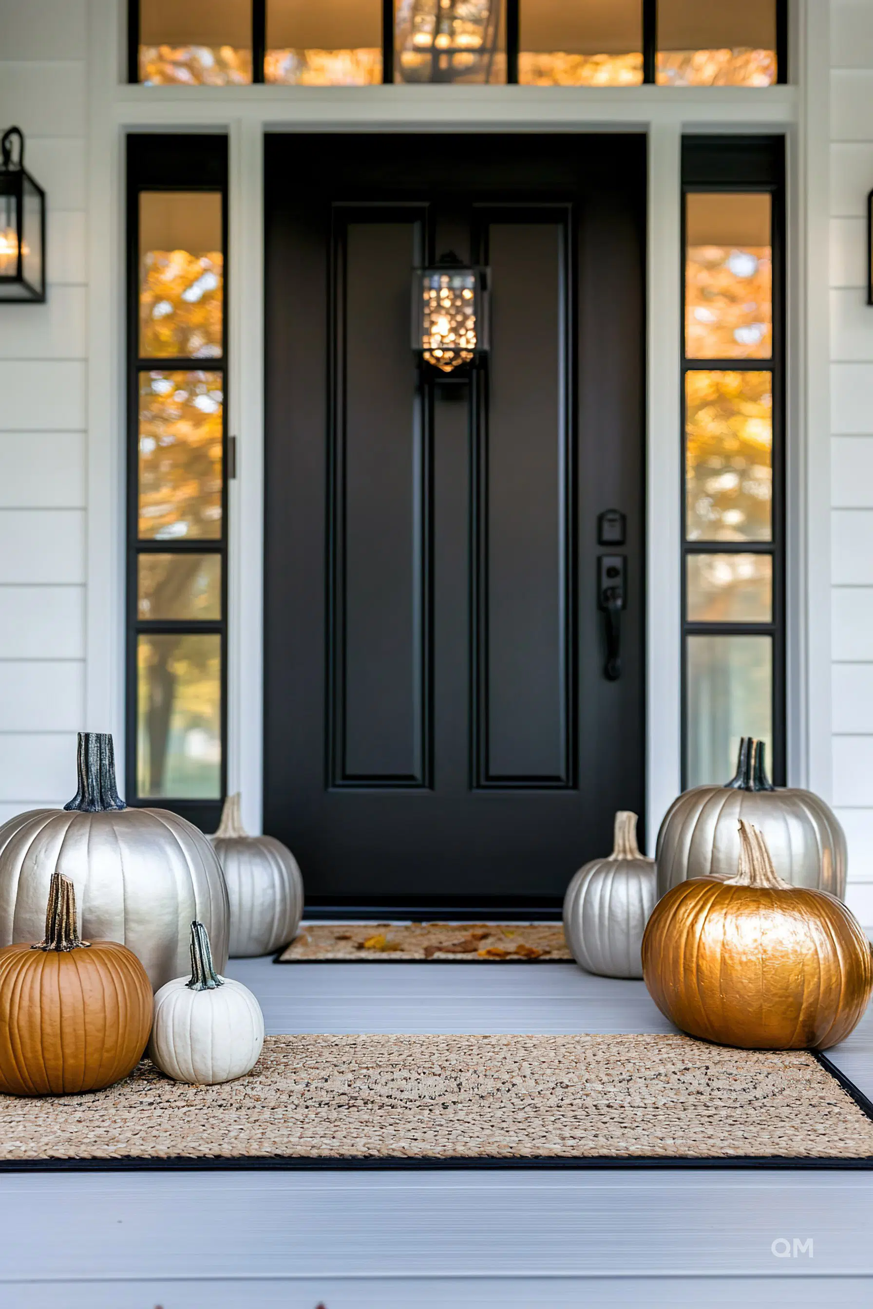 Front door with autumn decor featuring metallic and natural-colored pumpkins on a doormat with fall leaves in the background.