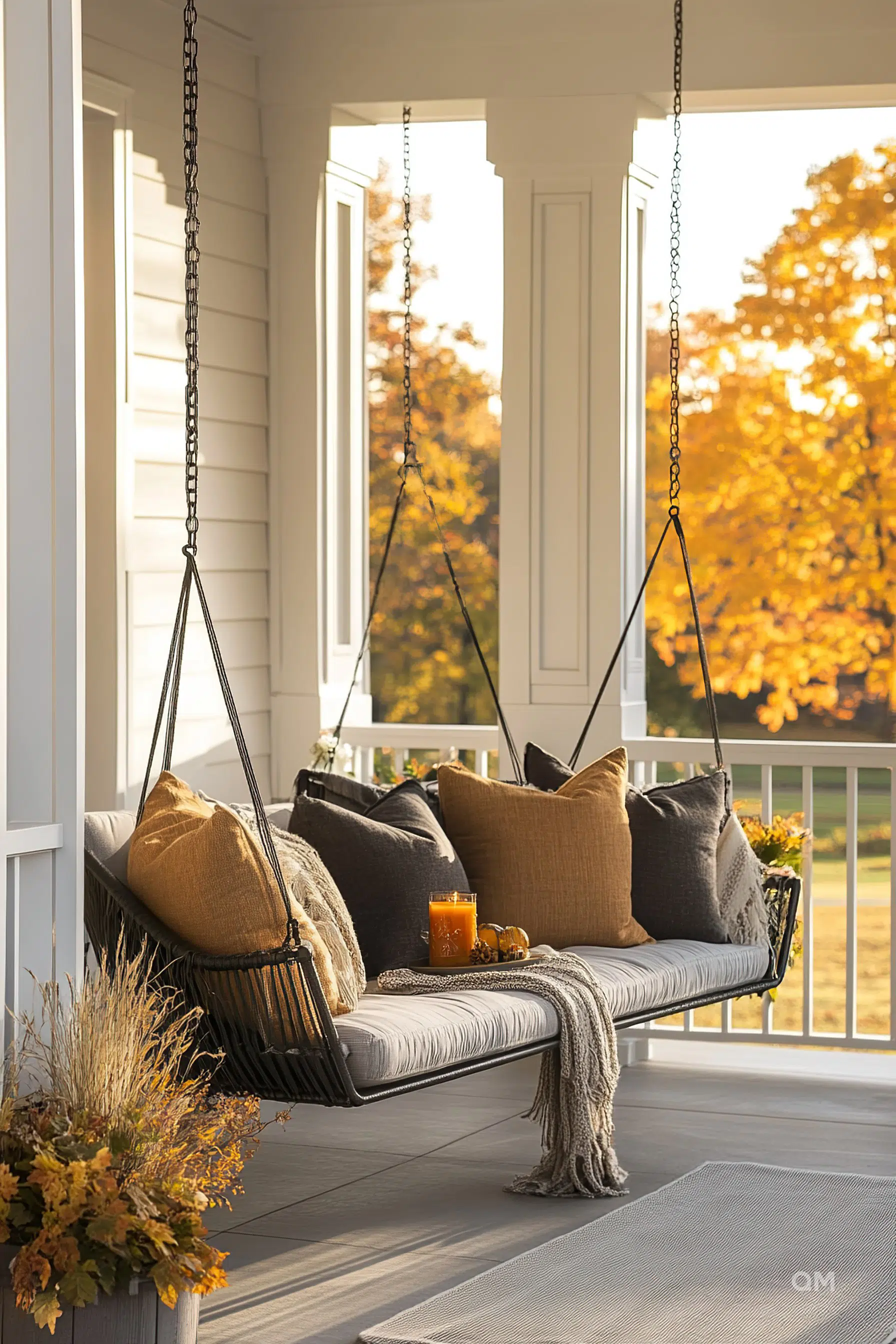 A cozy porch swing with cushions and a throw blanket, flanked by autumn decor, overlooking trees with fall foliage at sunset.