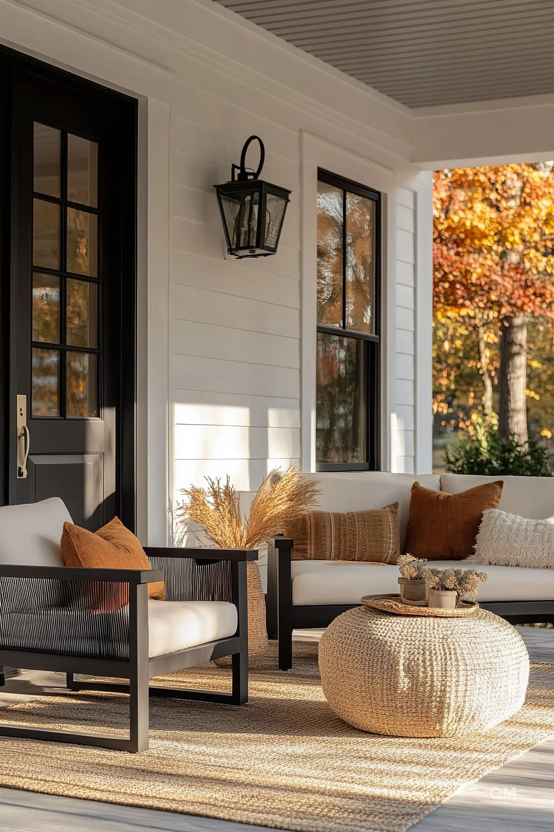 Cozy porch with modern furniture, decorative pillows, and autumnal trees visible through the windows in the background.