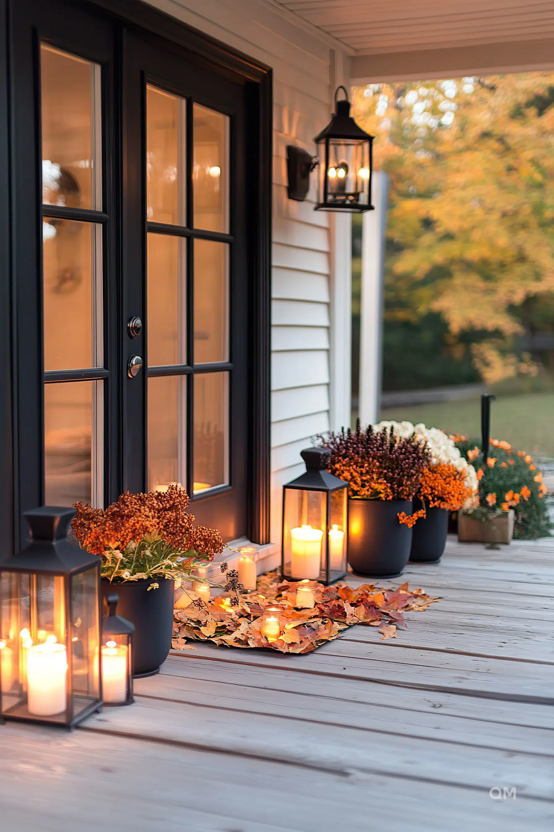 Cozy autumn porch with lit candles in lanterns, colorful fall leaves scattered on the ground, and potted flowers beside a black door.
