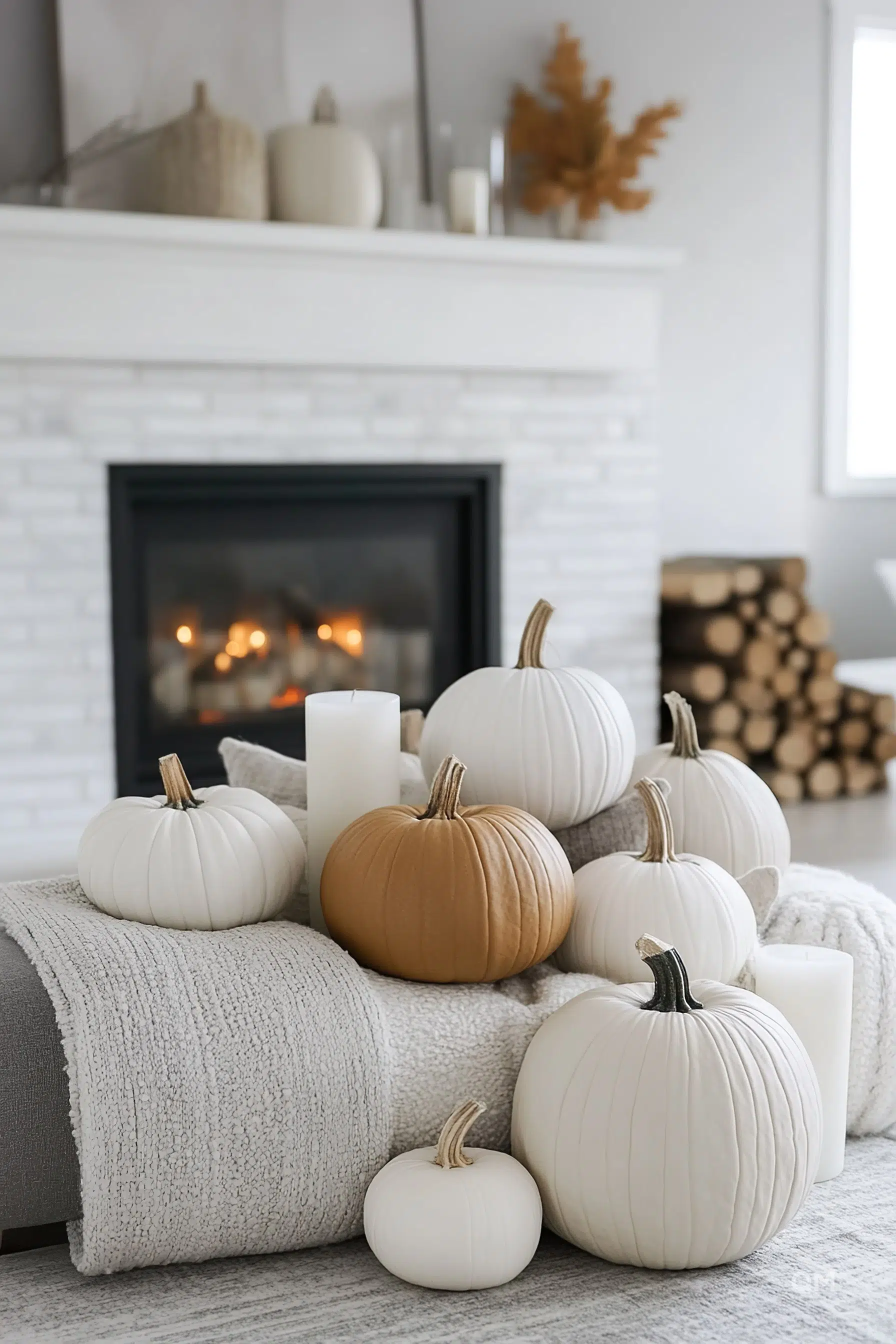 A cozy room with a fireplace, decorated with white and orange pumpkins of various sizes and white candles on a plush blanket.