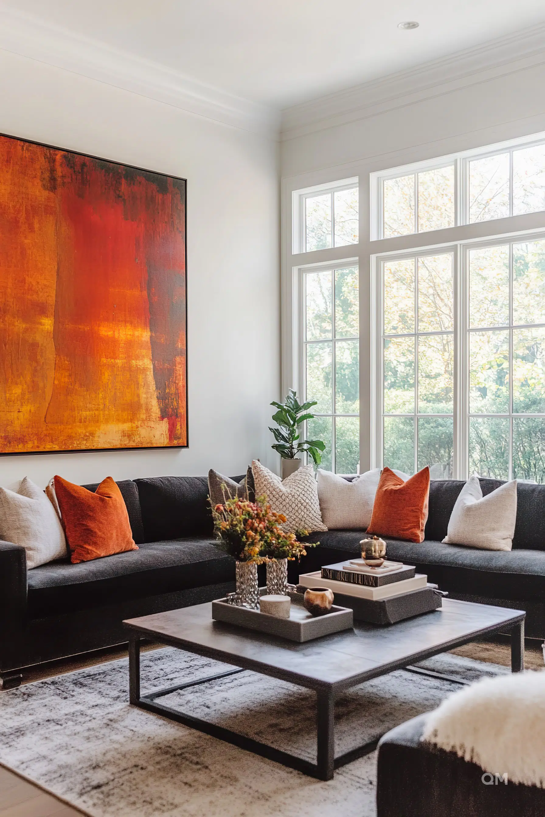 A cozy living room with a black sofa adorned with pillows, a wooden coffee table, a large abstract painting, and a view of trees through large windows.