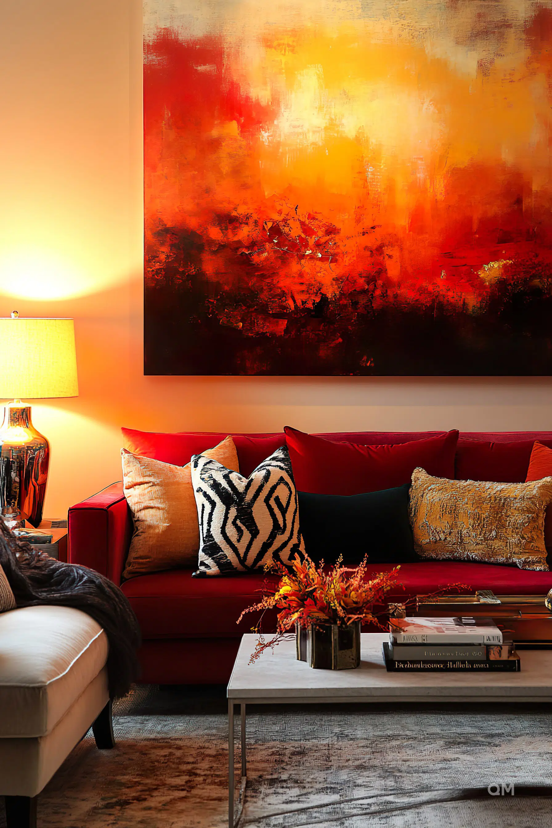 A cozy living room corner with a vibrant red couch, patterned cushions, a large abstract painting in red and yellow hues, and warm lighting.
