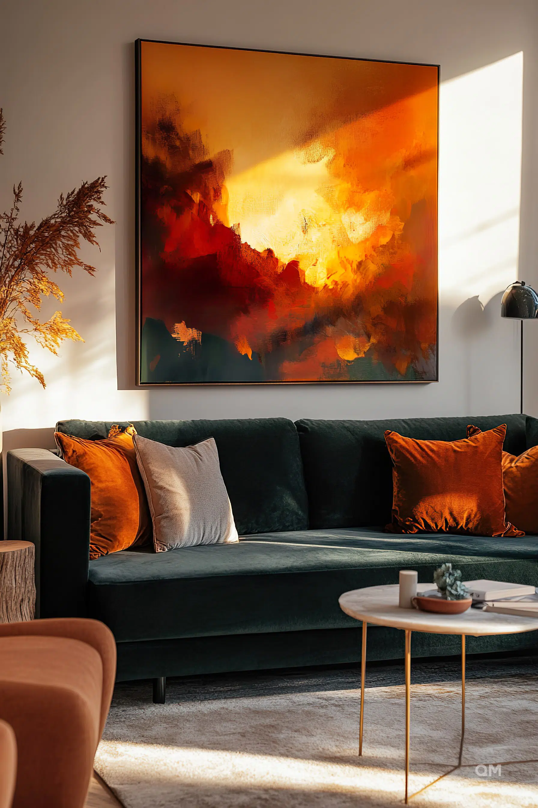 A modern living room with a dark green sofa, orange cushions, and a large abstract painting in warm hues on the wall.