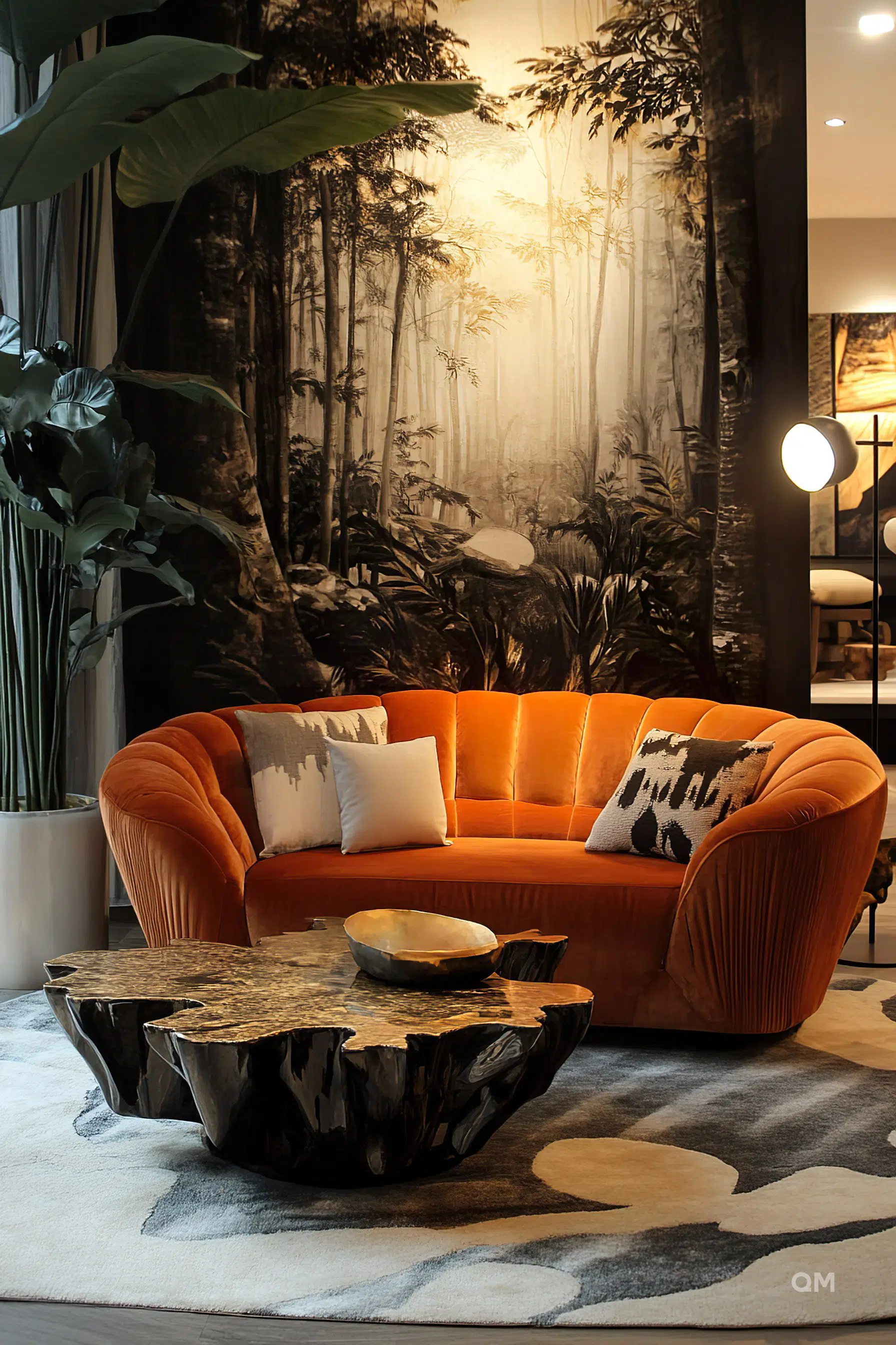 ALT: A cozy interior with a plush orange velvet sofa, unique wood-slice coffee table, and a wall-sized mural of a misty forest.