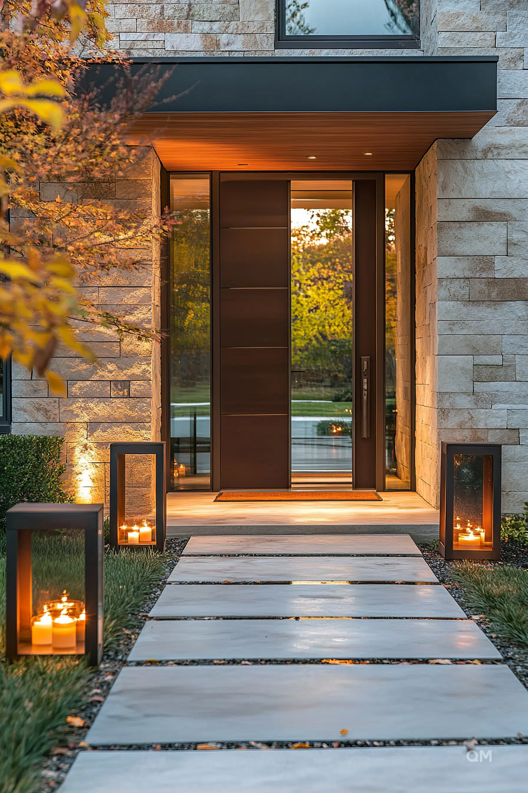 A modern house entrance at dusk with a lit path, tall wooden door, stone walls, and glowing lanterns.