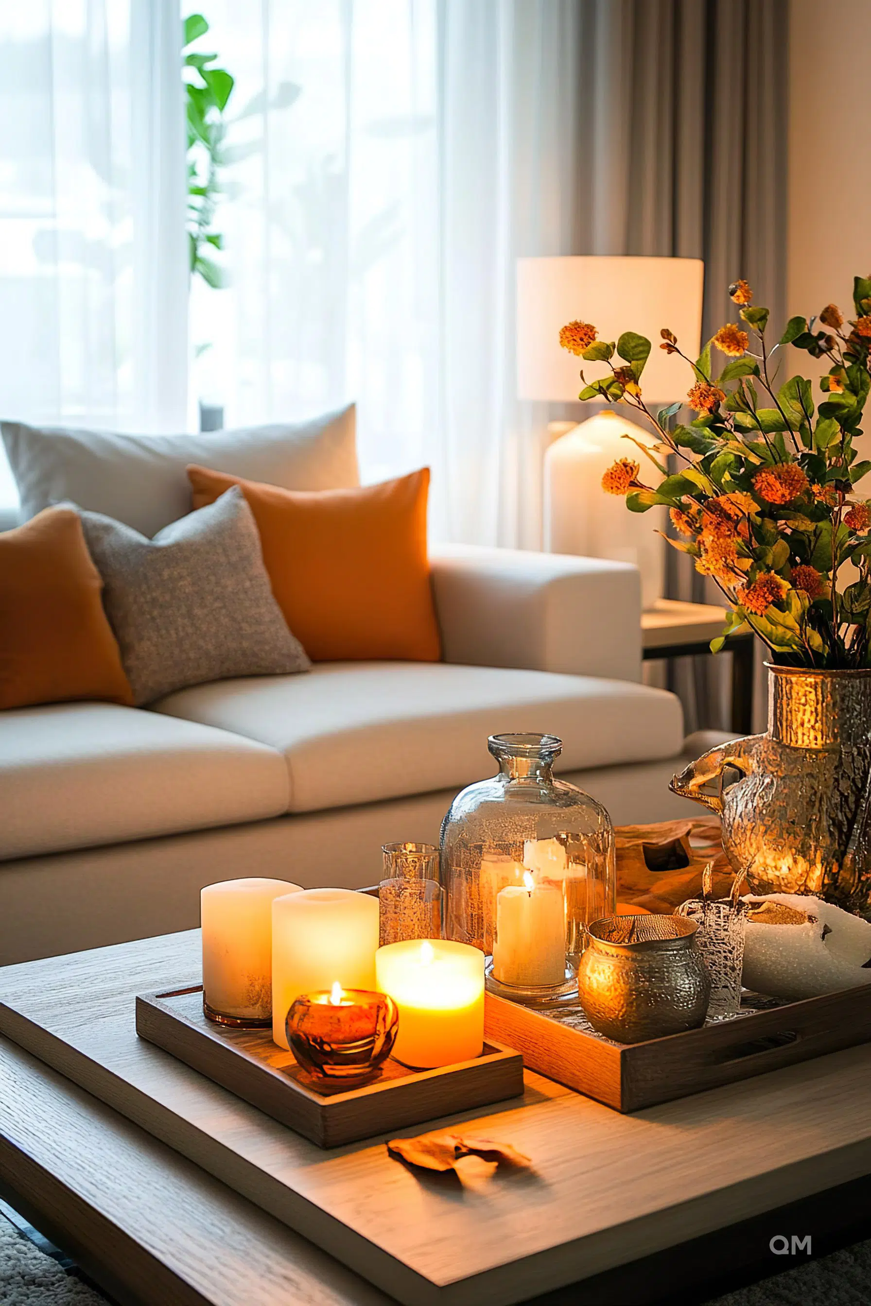 Cozy living room setup with lit candles on a wooden tray, a vase with flowers, and comfortable couch with orange and brown pillows.