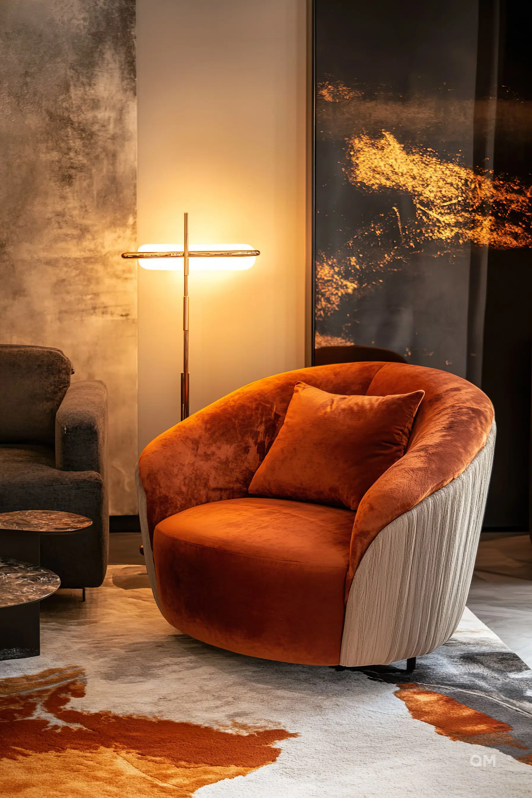 ALT Text: "Warmly lit room featuring an oversized, plush orange armchair and a modern floor lamp beside an abstract wall art."