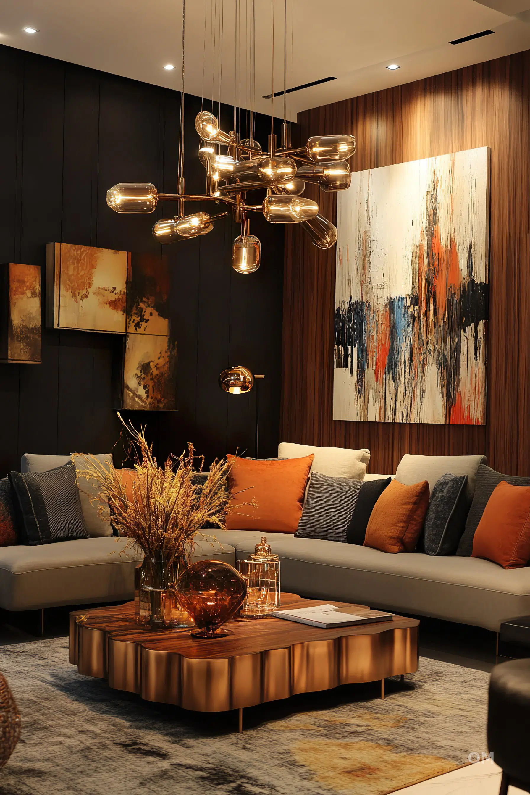 Elegant living room with modern sofa, decorative pillows, art paintings, wooden center table, and unique glass chandelier.