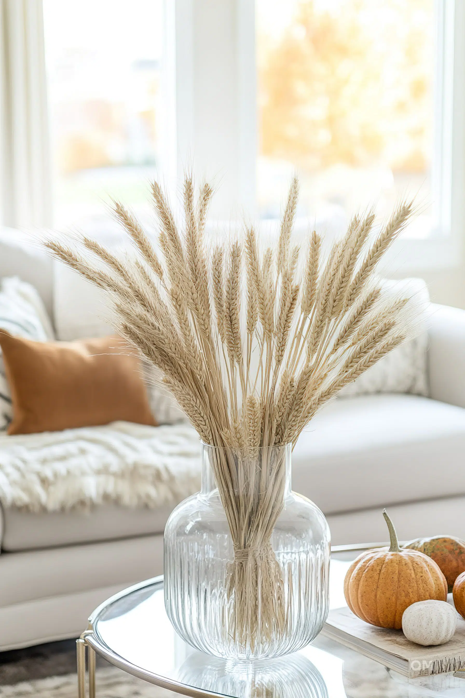 A clear glass vase with wheat sheaves on a glass table, with pumpkins nearby, and a bright living room backdrop.
