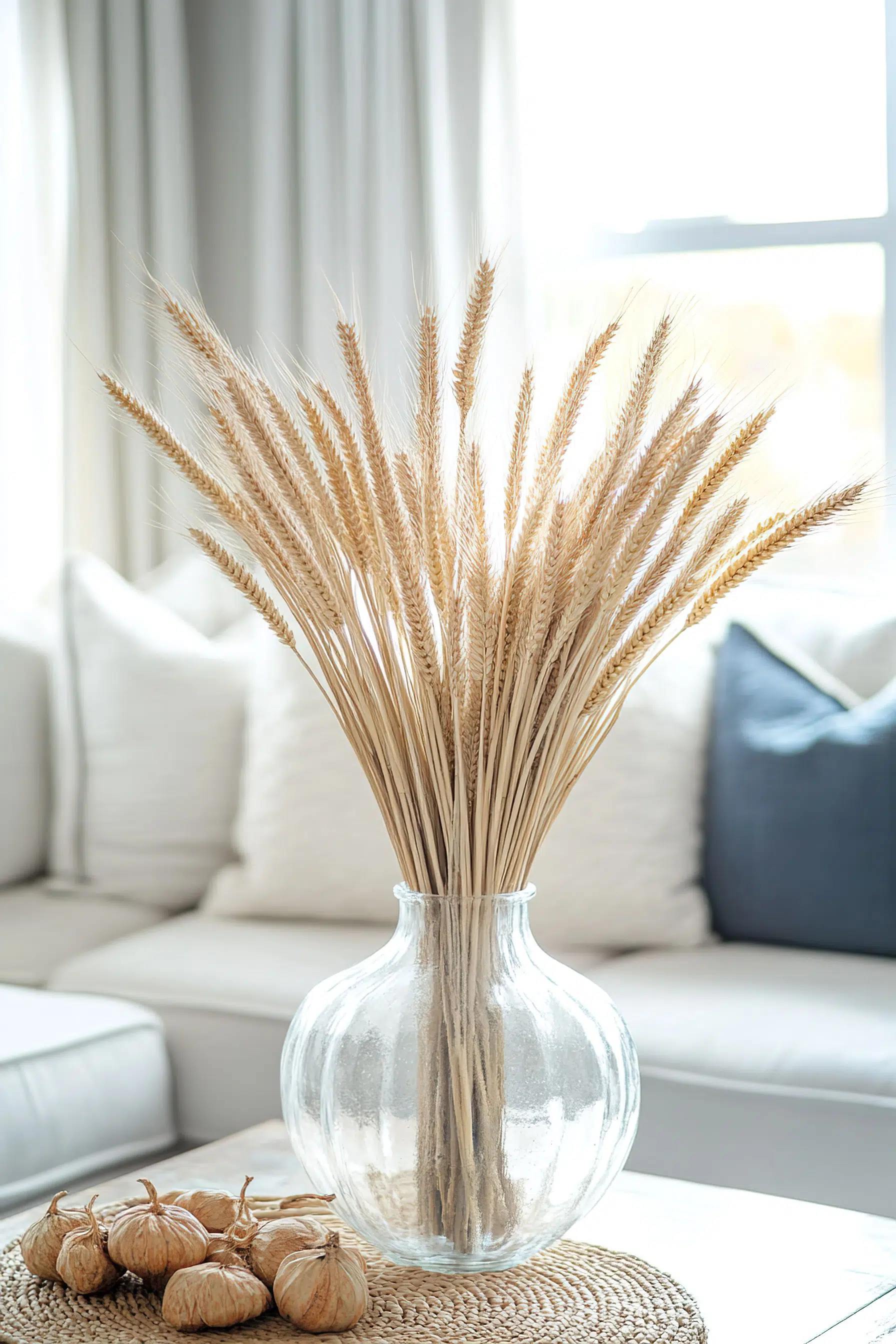 A clear glass vase on a table holding dried wheat stalks, with decorative pumpkins nearby and a cozy sofa in the background.