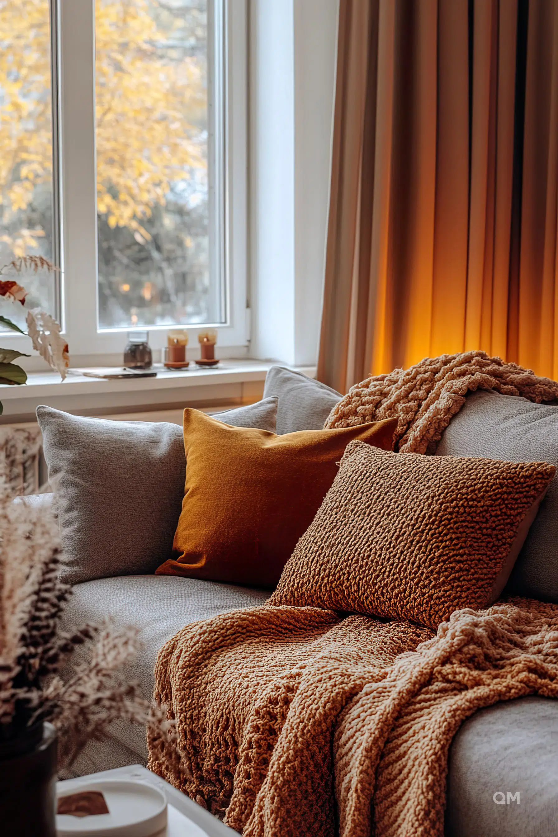 A cozy corner with a gray sofa, mustard yellow pillows, a chunky knit blanket, and a window with autumn trees outside.