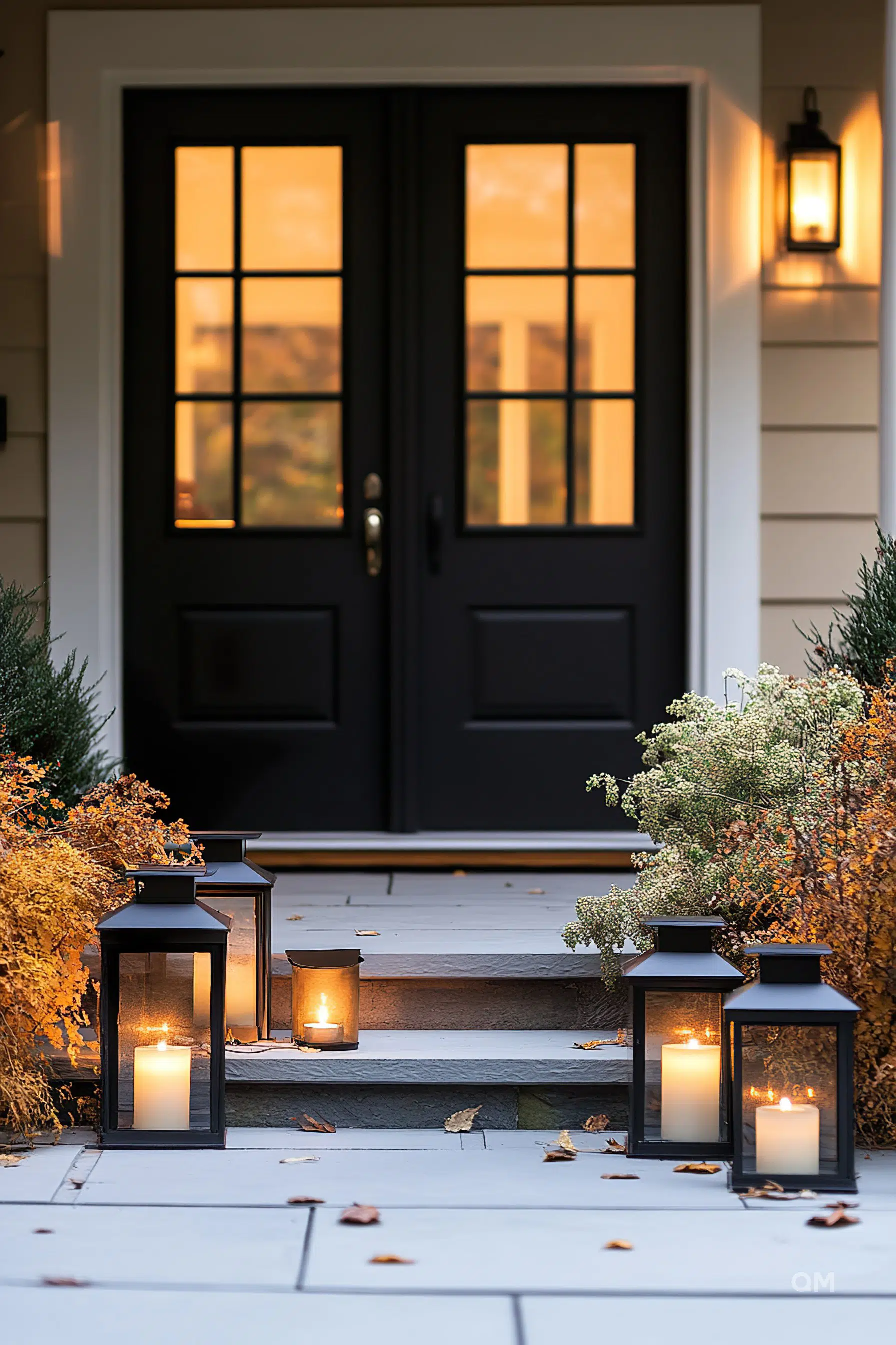 A warm and inviting home entrance with a black door, lit lanterns on the steps, and autumn foliage at dusk.