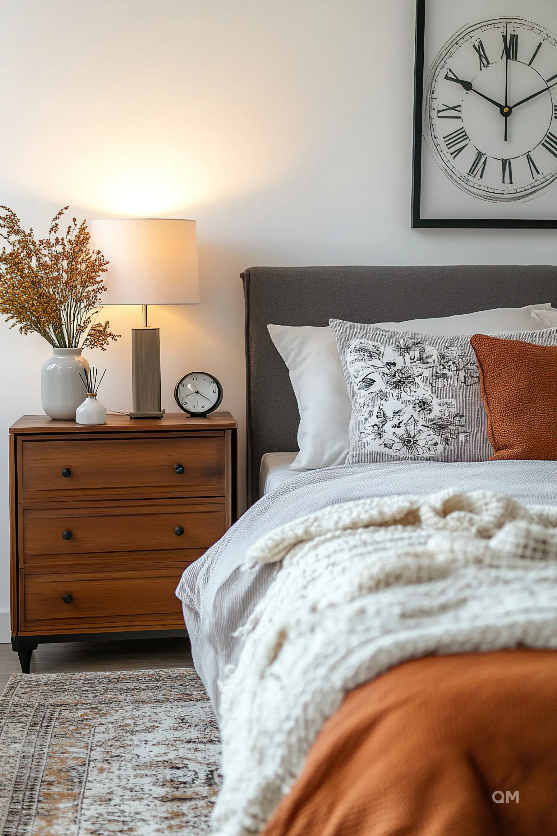 Cozy bedroom corner with a bed, decorative pillows, a wooden nightstand with a lamp, a clock on the wall, and warm lighting.