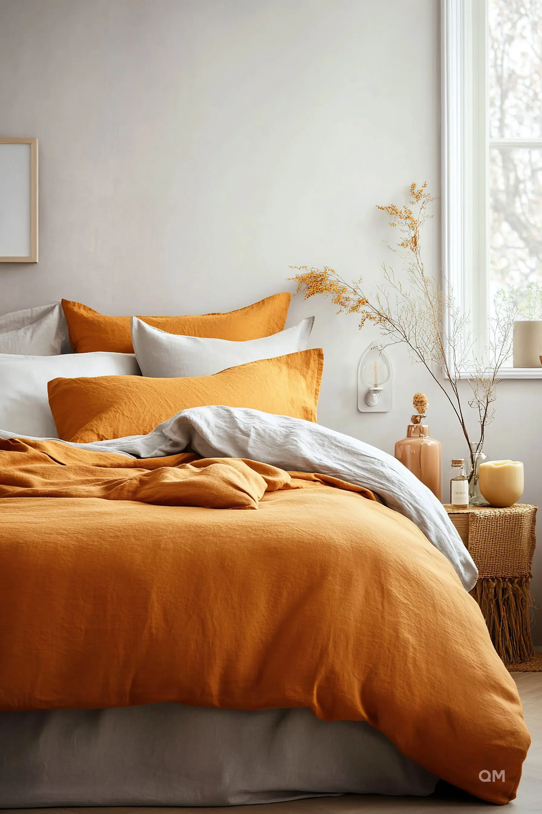 A cozy bedroom setting with an orange duvet, white and orange pillows, a wicker vase with dried branches, and a candle.