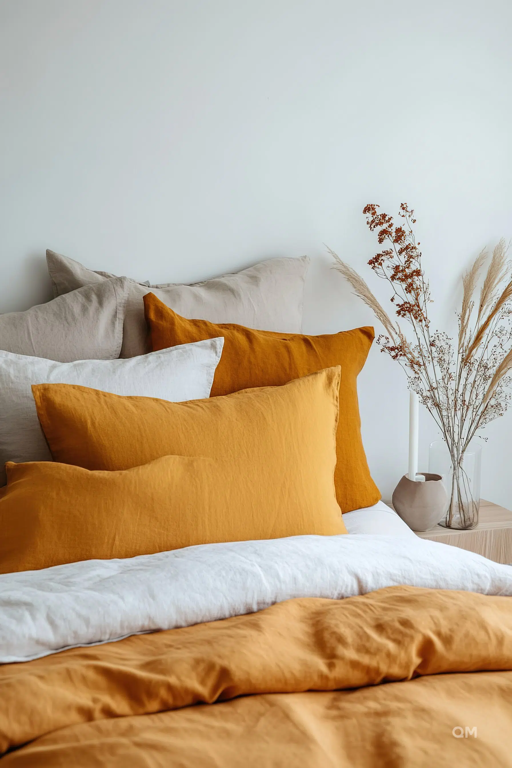 A cozy bedroom with a white and mustard yellow bedding set, lots of pillows, and a vase with dried flowers on the side.