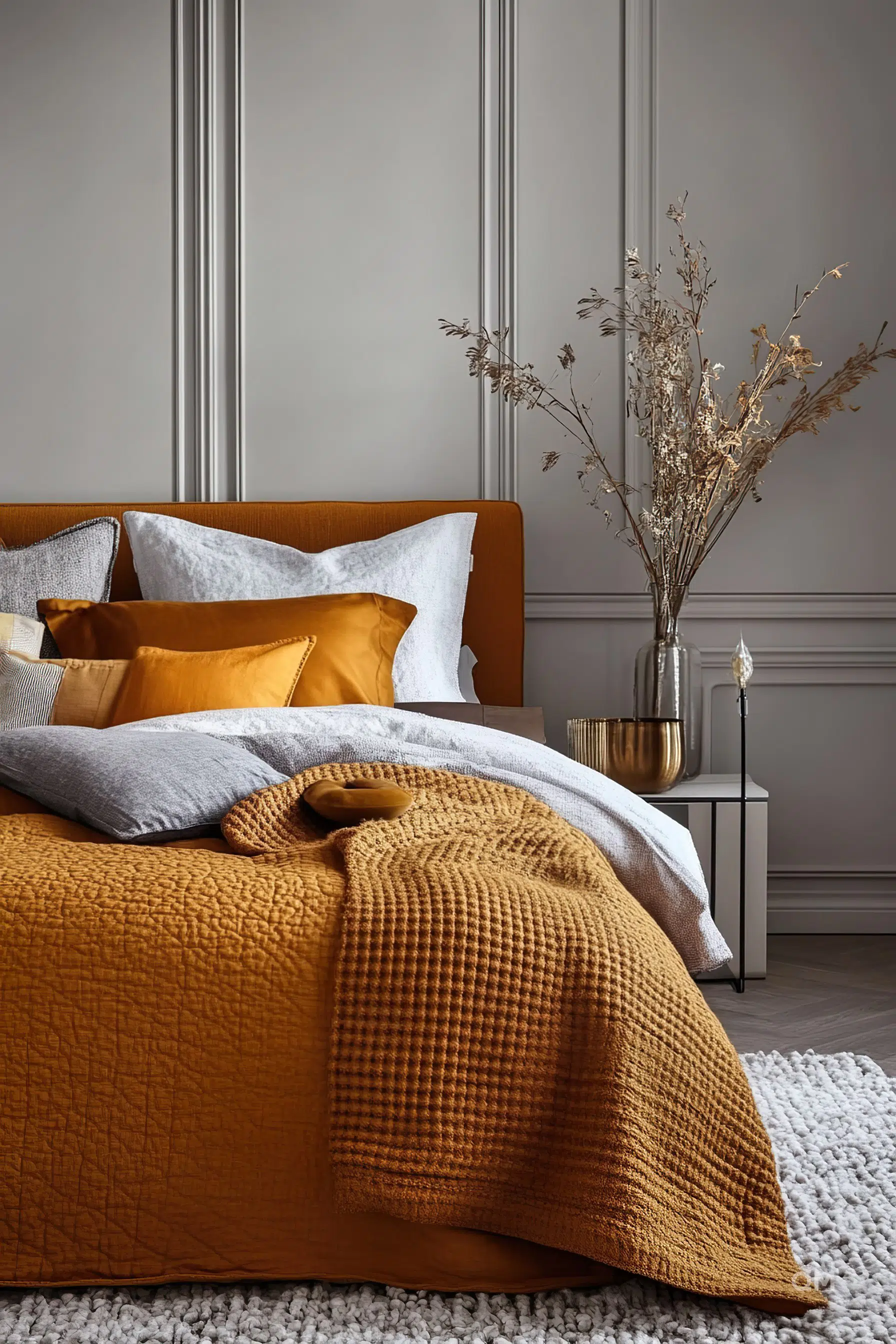 A cozy bedroom scene with a bed covered in mustard and gray bedding, decorative pillows, a dried plant in a vase, and a lit candle.