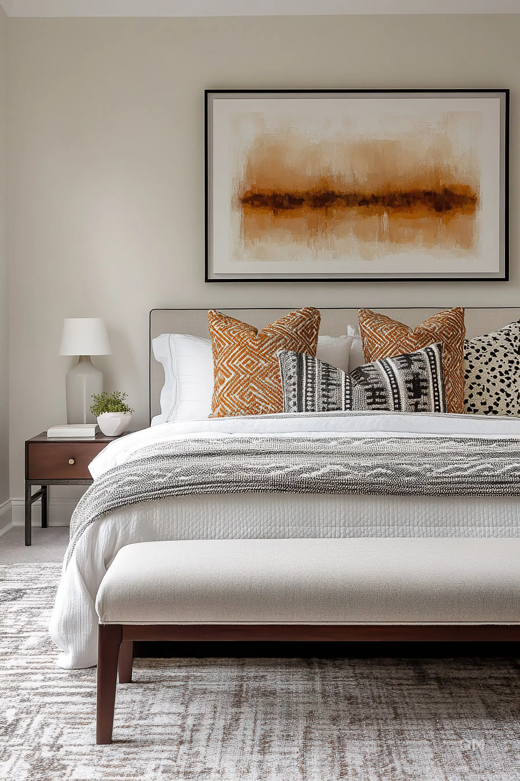 A cozy bedroom with an elegant bed adorned with patterned pillows, a white lamp on a bedside table, and abstract art above the bed.