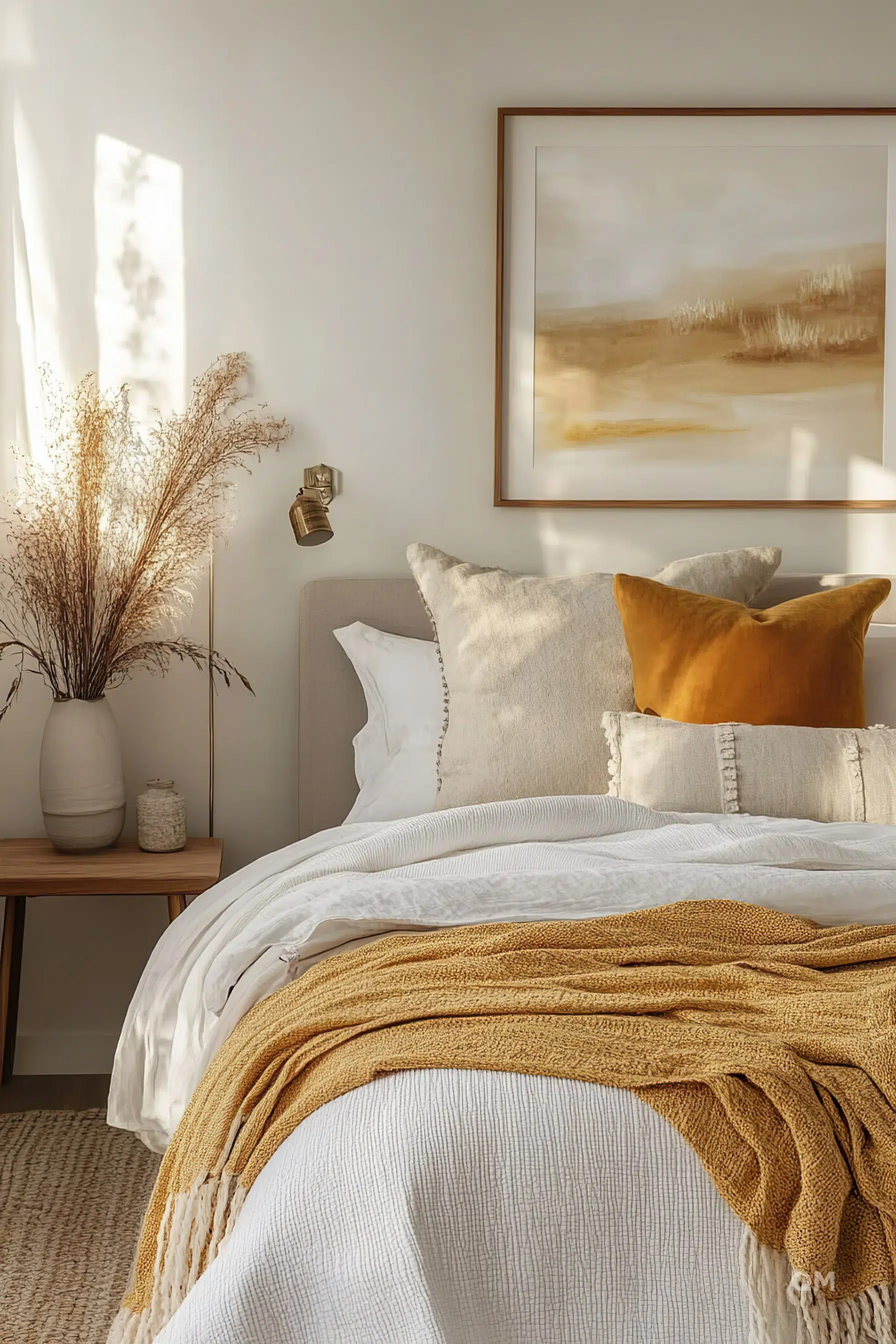 A cozy bedroom with a neatly made bed, decorative pillows, a framed artwork on the wall, and a vase with dried plants on a side table.