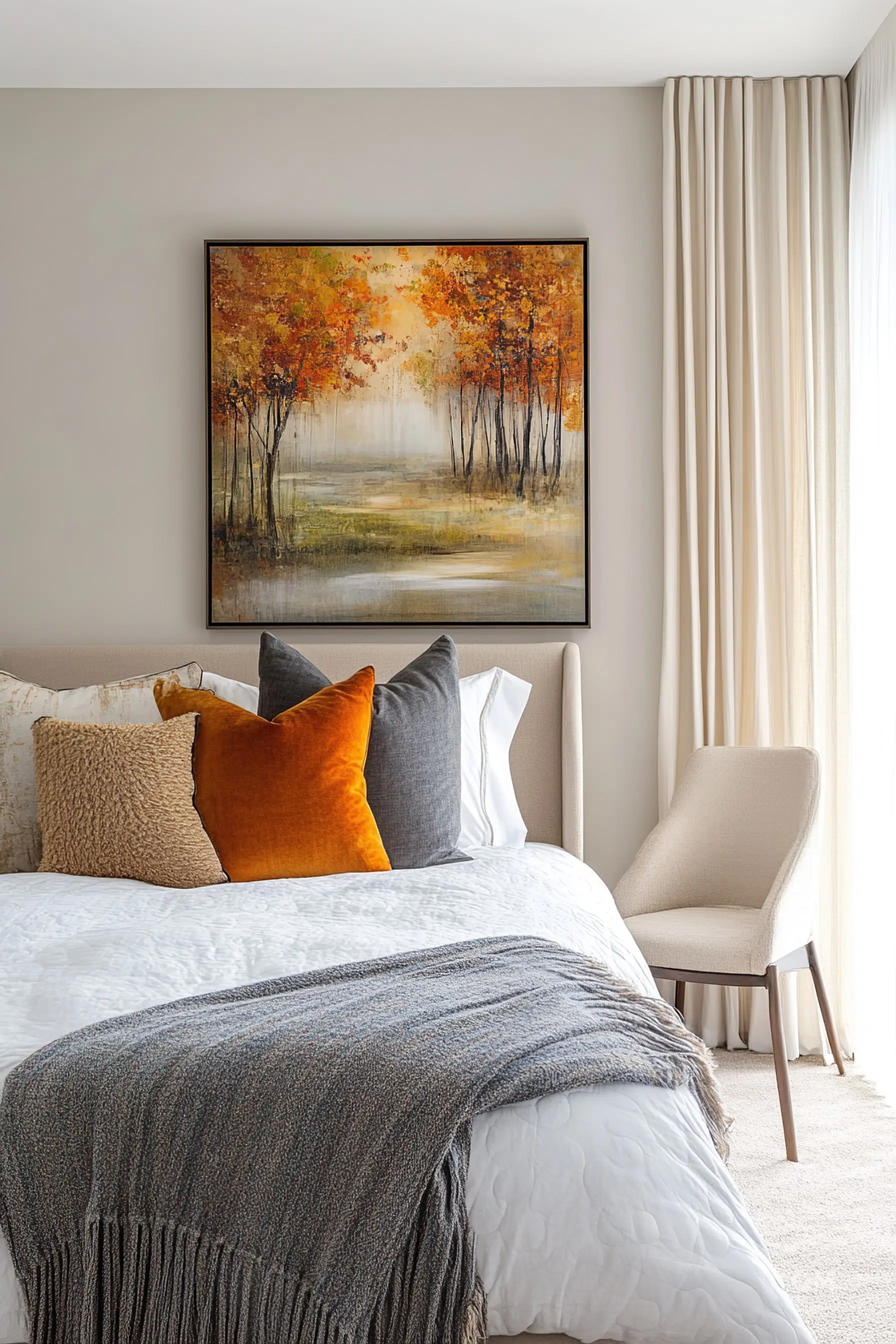A cozy bedroom with a made bed, various pillows, a gray throw blanket, and a vibrant autumnal tree painting above the bed.