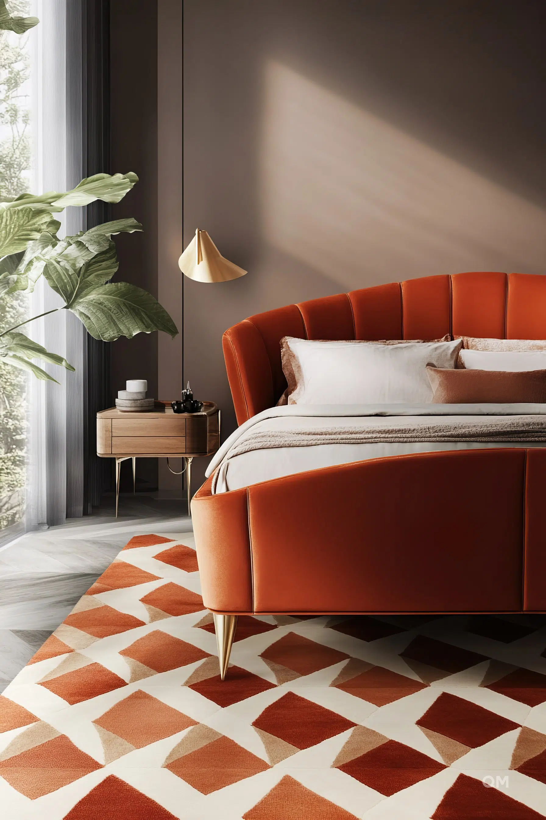 Modern bedroom interior with orange upholstered bed, geometric rug, wooden bedside table, wall-mounted lamp, and large potted plant.