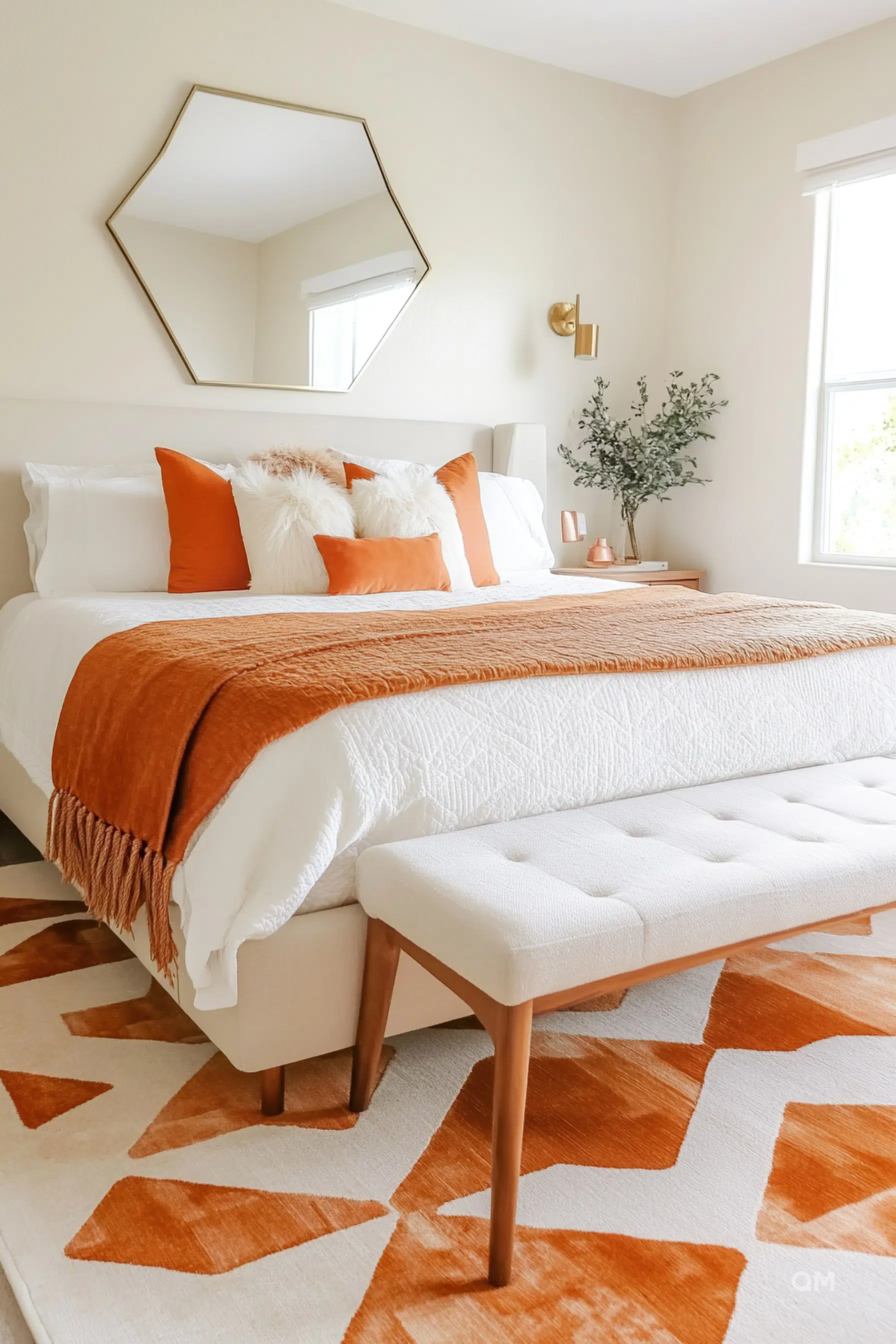 A cozy bedroom with white bedding, orange throw pillows, a rust-colored blanket, a hexagonal mirror, and a patterned area rug.