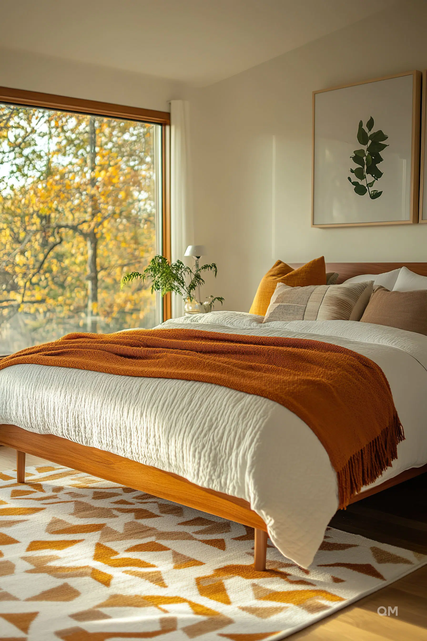 Cozy bedroom with a neatly made bed featuring white and mustard bedding, a large window with autumn view, and a framed leaf art on the wall.