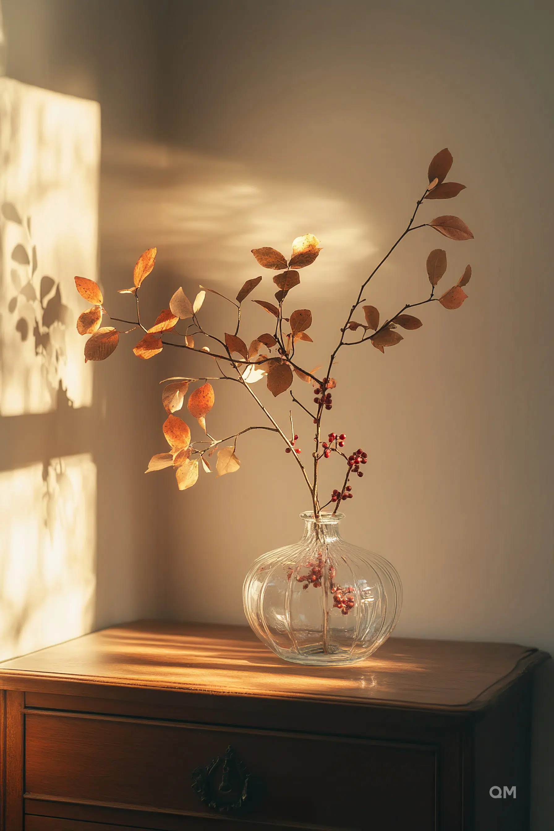 Branch with autumn leaves and berries in a glass vase on a wooden table, bathed in warm sunlight with soft shadows on the wall.