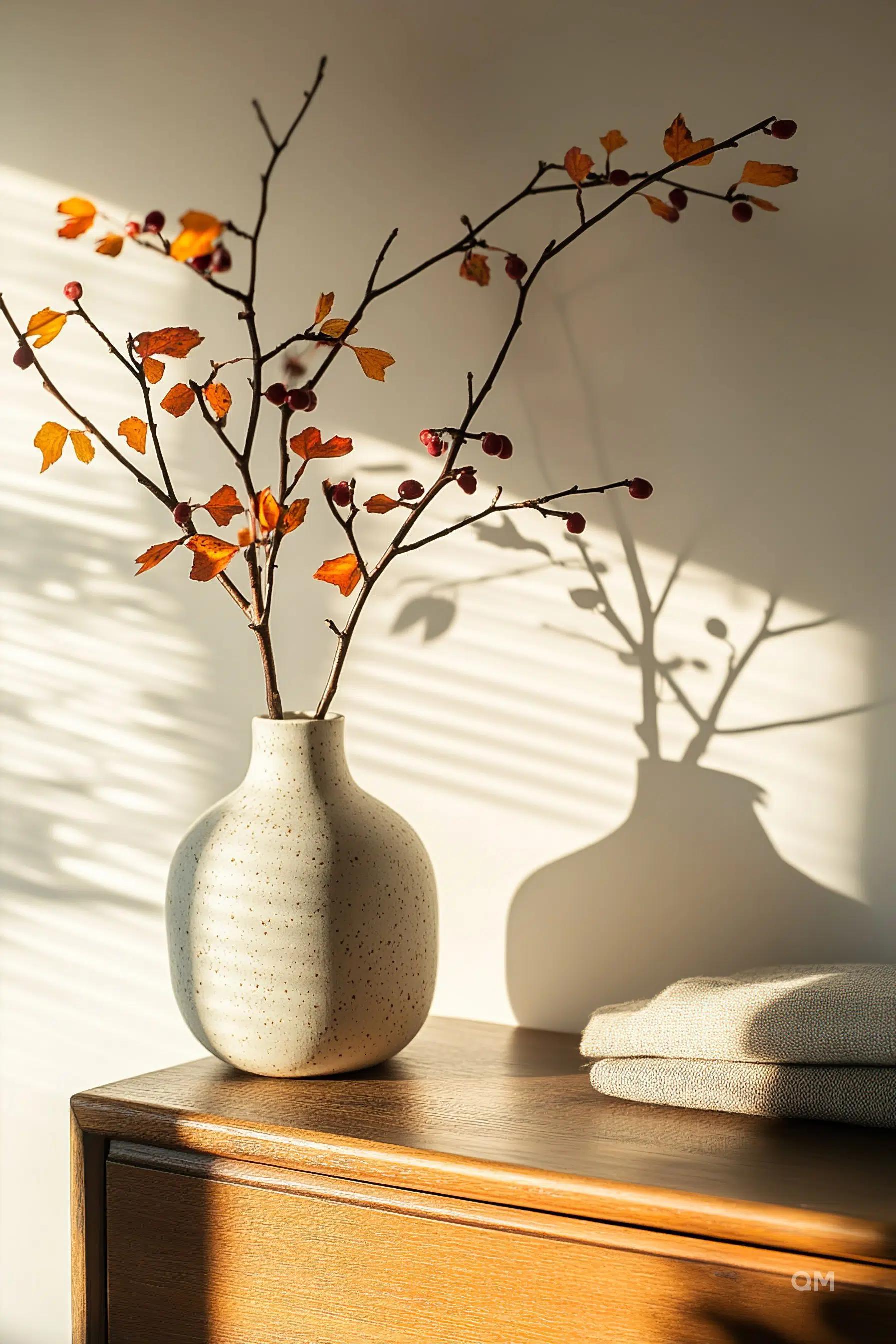 A speckled vase with branches of autumn leaves casting a shadow on a wall, placed on a wooden surface beside a folded cloth.