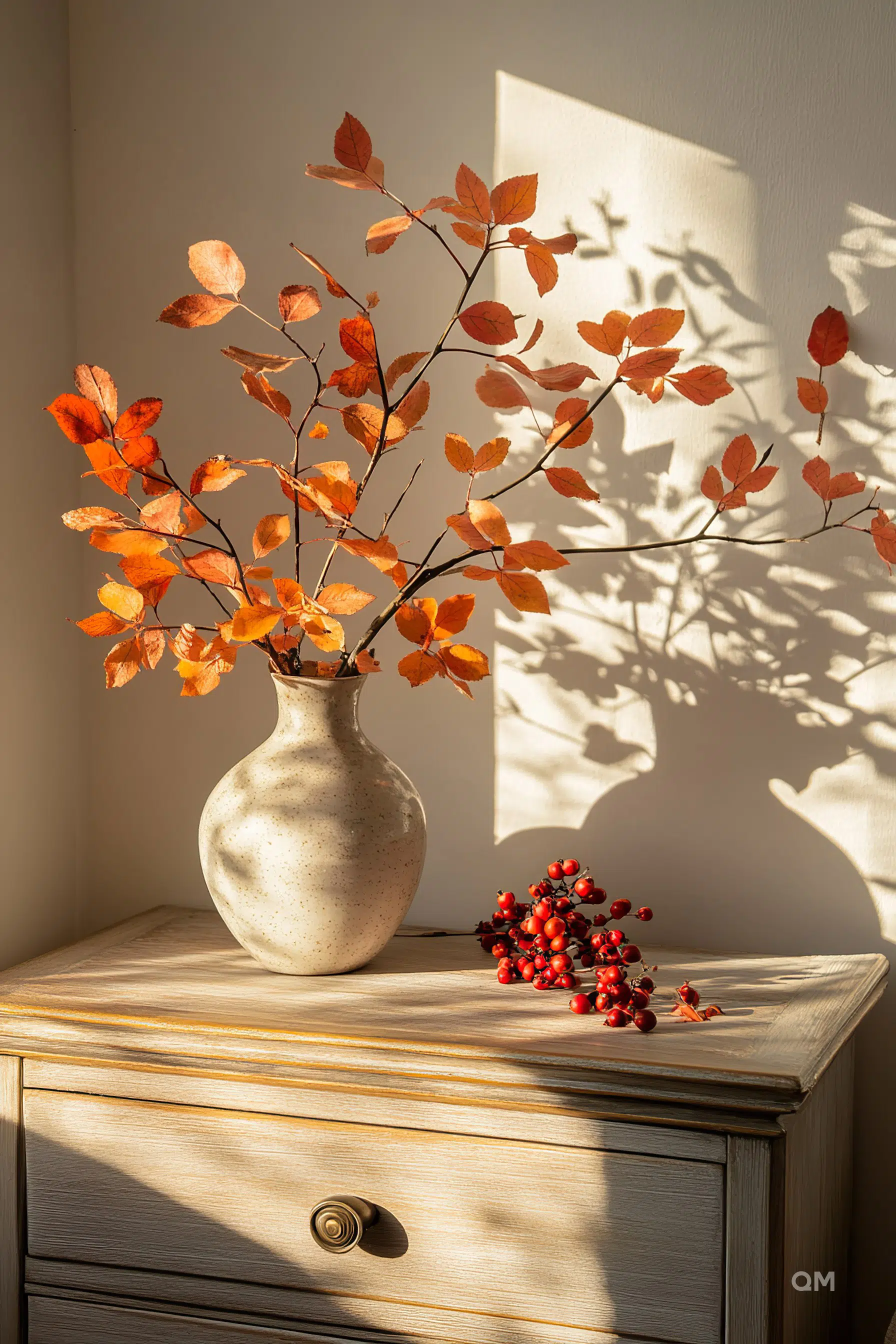 A vase with autumn leaves on a wooden cabinet, casting a shadow on the wall, next to red berries in sunlight.