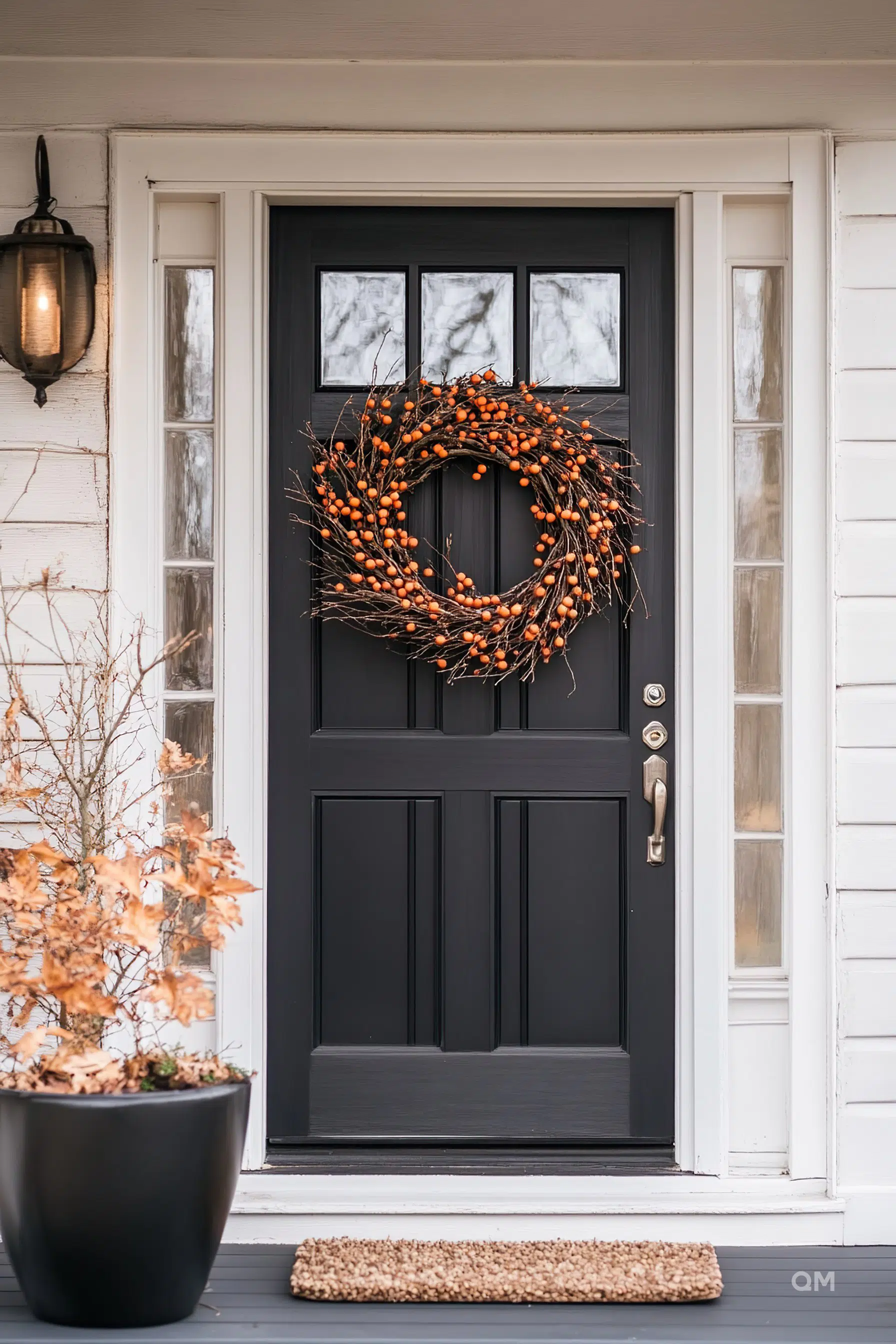 A black front door with glass panels and an orange berry wreath, flanked by white framing and a wall sconce, with a potted plant nearby.